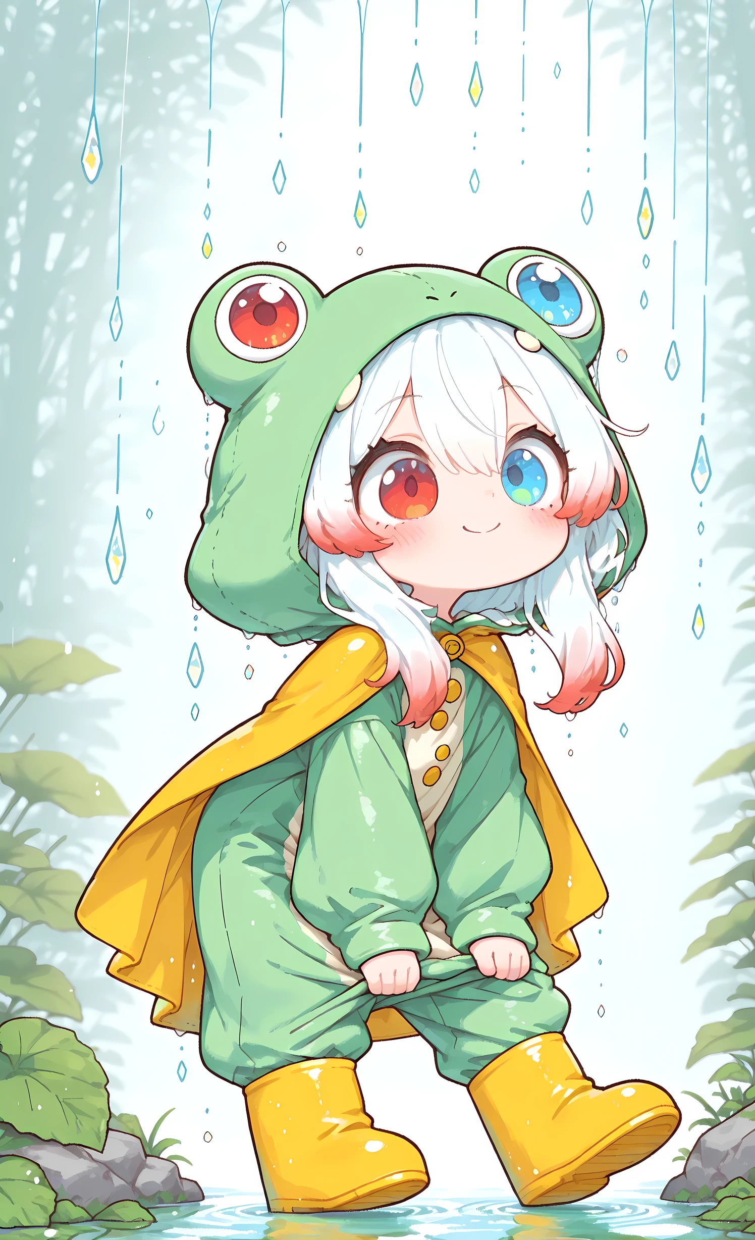 toon style, masterpiece, best quality, ultra-detailed:1.3, 1girl, solo, pure white hair with soft gradient red tips, heterochromia red right eye:1.4 and ice blue left eye:1.4, fair skin, wearing bright green frog onesie with yellow cape, yellow rain boots, smiles sweetly