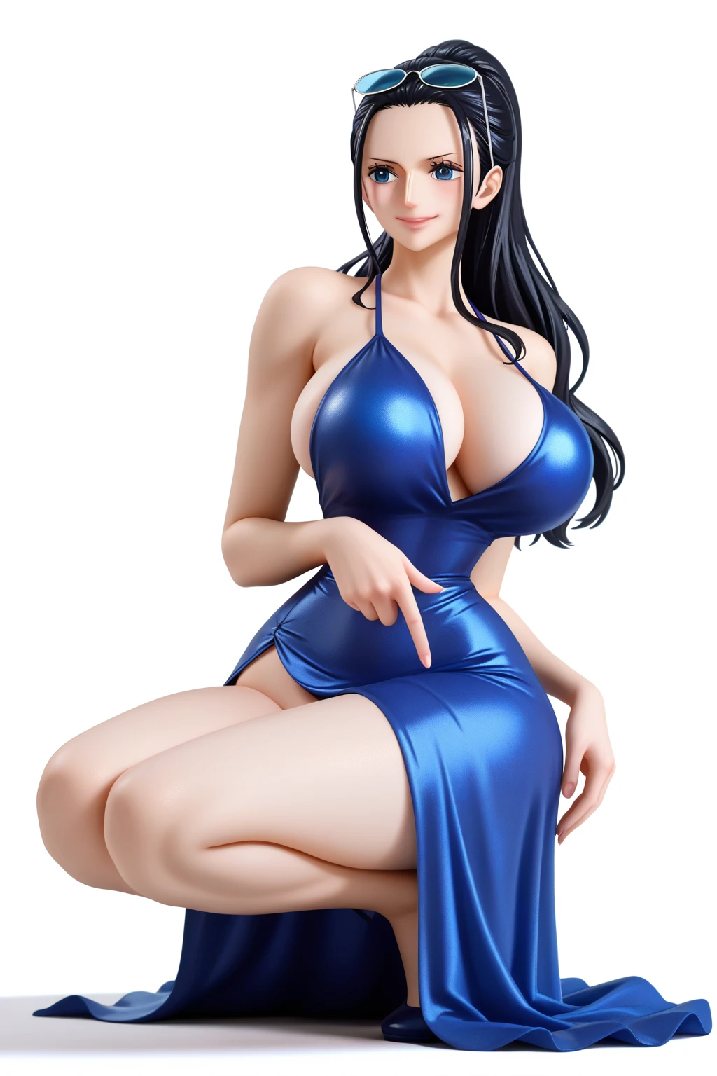 (anime art style) we (one piece), has long black hair, blue eyes-dp,big ,  chest,female  genitals,Bare between the legs, (Wano Arc) blushing, smile.