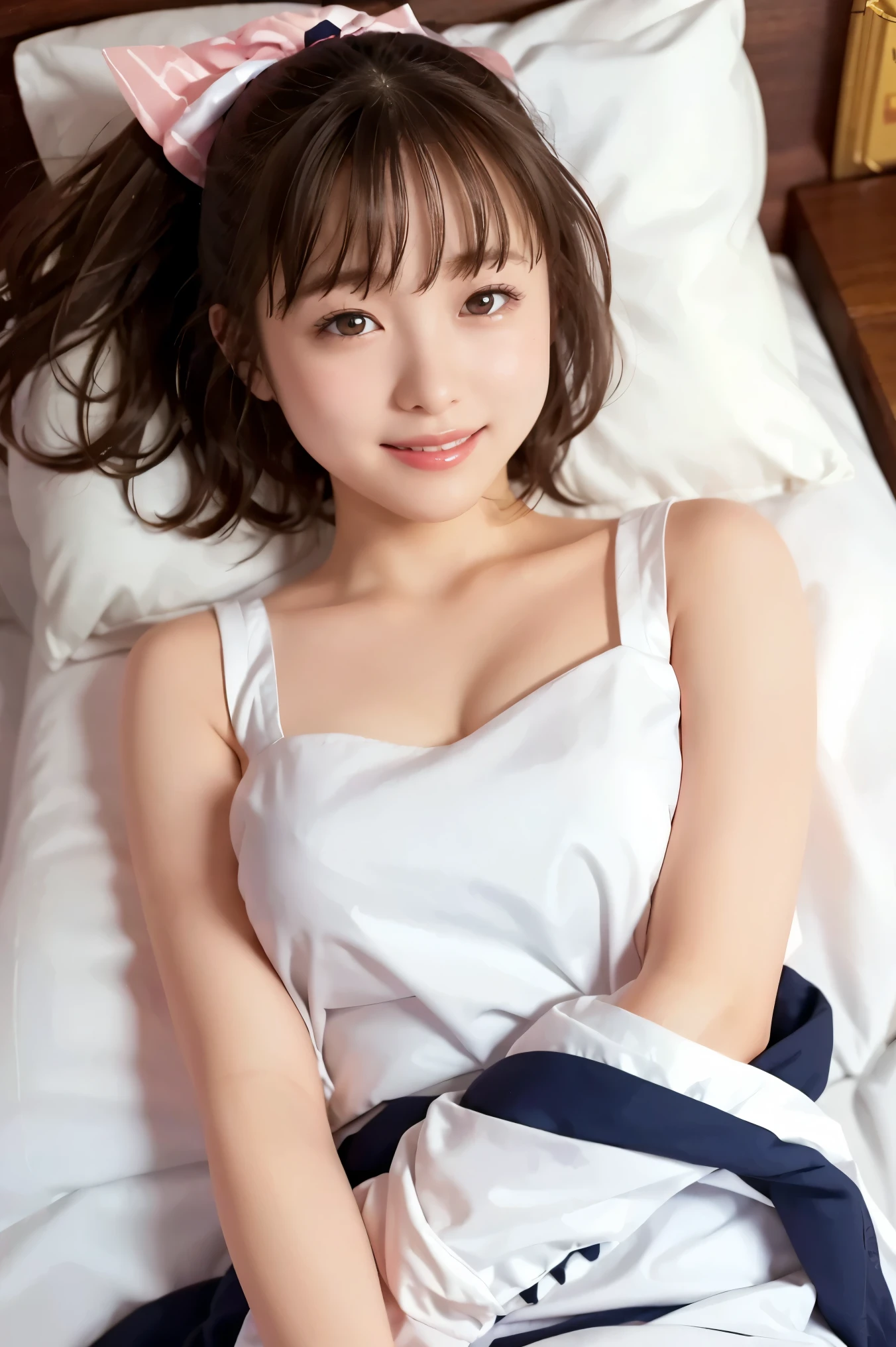 (Highest Quality, High Accuracy Selection, masterpiece:1.2), Photo depicting facial expressionss in detail 、 woman sleeping in bed 、(Sleeping on white sheets:1.7)、woman sleeping in sailor suit、Woman who can't sleep、(taken from above)、(facing the front)、Realistic:1.37,(Perfect Anatomy), Beautiful woman facing the front 、woman in sailor suit smiling while sleeping、beautiful face、beautiful woman smiling at camera、(expressions)、(viewers)、stares at viewerss、beautiful skin,small breasts naked、(very big eyes)、big eyes,beautiful woman smiling at camera、(glowing eyes:1.3)、beautiful skin 、Beautiful Lips、big eyes,short hair、 ,,(background is bedroom:1.2)、bed、