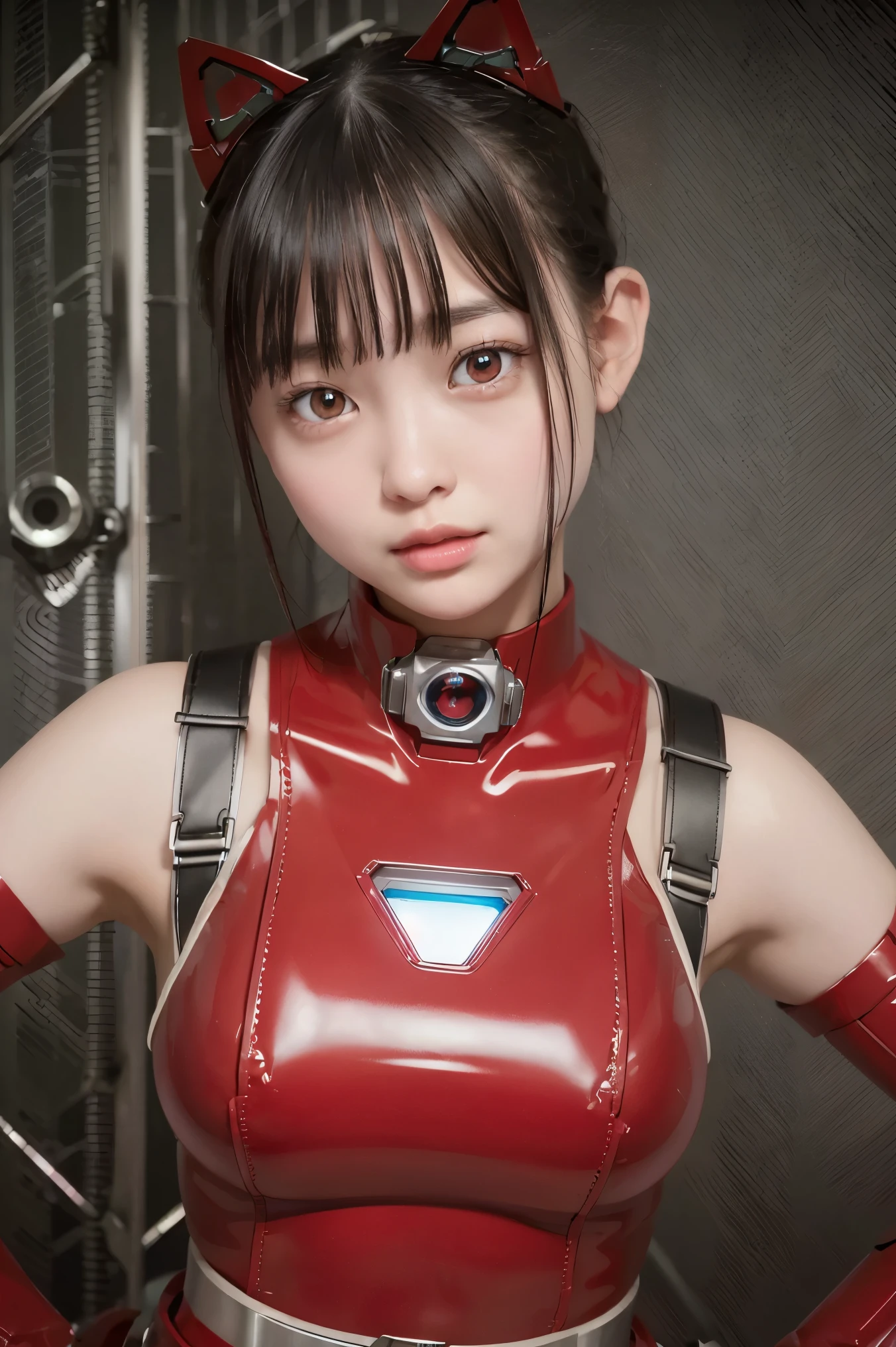 (Highest Quality, very accurate selection, masterpiece:1.2), detailed display, T-shirt with a realistic design on the entire surface:1.37,woman carried on a belt conveyor:1.6、(Perfect Anatomy), a sexy Red Ranger woman wearing a red ranger cyber costume、robot carried on a belt conveyor、(Robot manufacturing plant:1.4)、beautiful female robot、a robot in a red ranger costume is carried on a belt、beautiful skin,Tiny Breasts Naked、 Clear latex outfit 、site where the Red Ranger robot is manufactured、Metal Accessories、big eyes,(glowing eyes:1.3),look at me 、beautiful skin, short hair,黒い髪 、Beautiful Lips,With a smile、big eyes、(The background is a factory:1.8)、 robot carried on a belt
