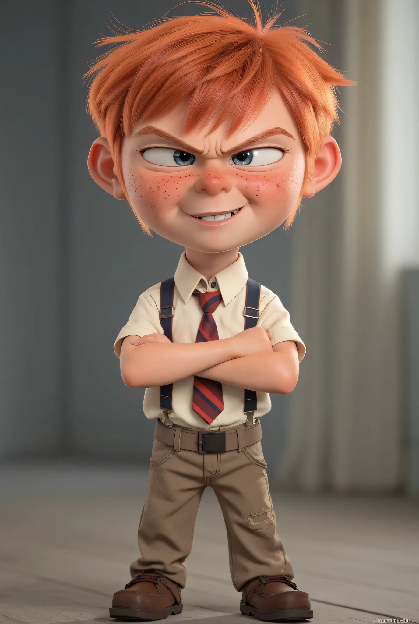 Russian schoolboy Vasya, cheerful 10-year-old boy with disheveled red hair and freckles, mischievous smile with a chip between his front teeth, bright blue eyes with a cunning squint, x} is wearing a crumpled school uniform with his tie untied and the upper buttons unbuttoned, pants torn at his knees, sloppily tucked shirt, the smallest details on the faces, stands in a bully pose with arms crossed, Cartoon style, bright colors, children's cartoon, Russian animation style, high quality