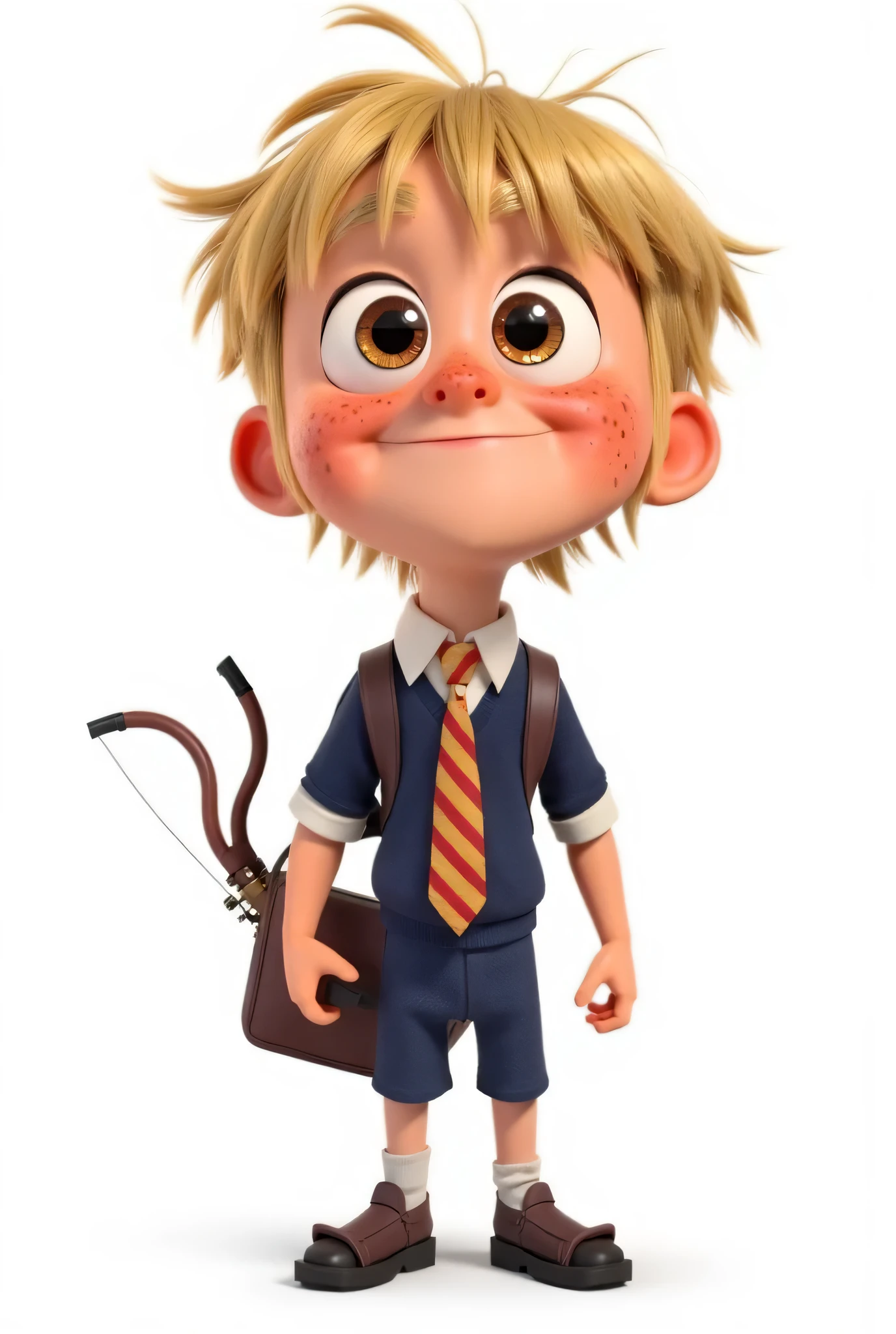 Mischievous schoolboy Vasya, Russian fidget boy with a whirl blond bangs and hair sticking out in different directions, freckled face with a perky smile and brilliant brown eyes, a crumpled school uniform with a tie slid to one side, в кармане рогатка, a schoolbag casually hangs on his shoulder, dynamic pose, slingshot in his pocket, modern Russian animation style, bright contrasting colors, white background, high quality, children's cartoon