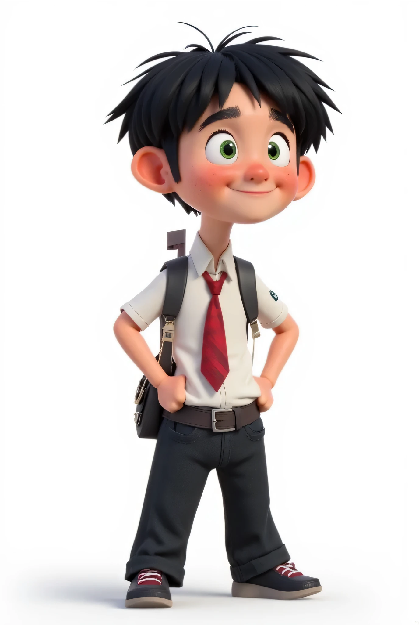 Kind and smart schoolboy Kolya, Russian fidget boy with black hair, face with a cheerful smile and sparkling green eyes, crumpled school uniform with tie pulled to one side, dynamic pose, slingshot in his pocket, modern Russian animation style, bright contrasting colors, white background, high quality, children's cartoon