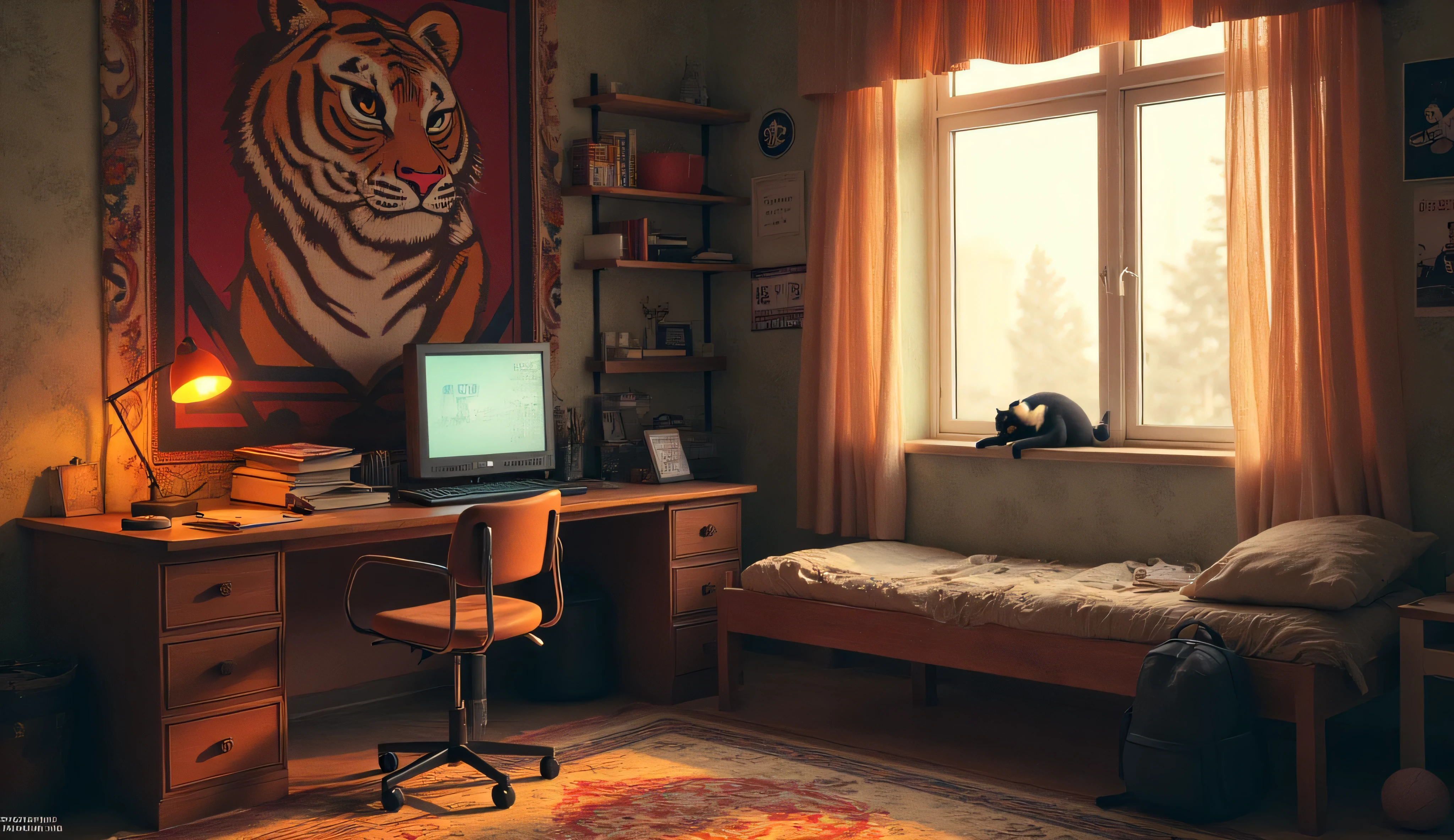 Атмосферная комната русского подростка 90-х годов, worn wallpaper, old desk with computer "Pentium" and a CRT monitor, keyboard with worn keys, untidy bed with a blanket and a crumpled pillow, large carpet on the wall with a tiger, second carpet on the floor with a geometric pattern, buttons heavy curtains with brushes, shelf with books and a collection of icons, posters with rock musicians and athletes, attached with, school backpack thrown in the corner, a black cat with a white breast is napping on windowsill in the setting sun, yellow light desk lamp, sports ball in the corner, model airplane on the shelf, photorealistic style with warm colors