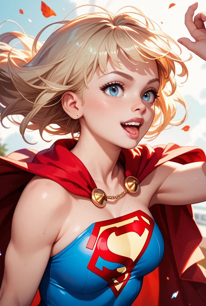 (best quality, masterpiece), 1girl, paw pose, smile, laughing, ocean, large  (protuding  ) cropped white supergirl top (supergirl insignia), shorts, blonde, freckles, blush, looking at viewer, wavy hair, cloud, splashing, waves, sun, mountain, wet
