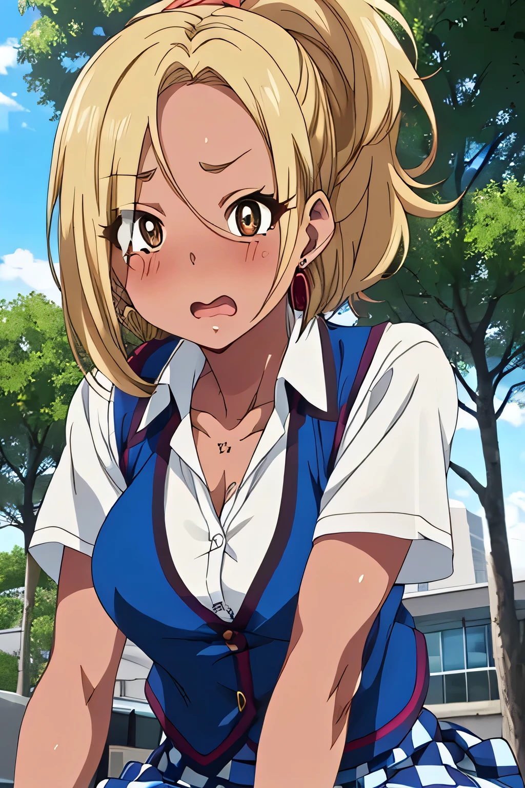 Anime girl with long blonde hair and a black top and red tie - SeaArt AI