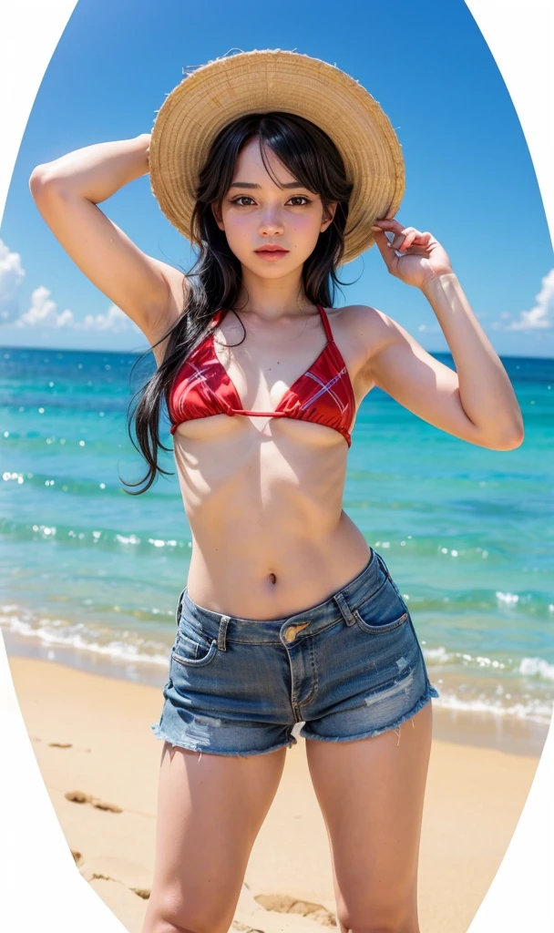 (Masterpiece: 1.5), (Best Quality: 1.5), High Resolution, High Detail, 1 Girl, Solo, Skin Highlight, Sharpen, Clear, straight hair, ponytail, multicolored hair, Jewelry, bracelet, earrings, cowboy shot, pale skin, smile, beach, tiny micro ??????, (huge ?????)