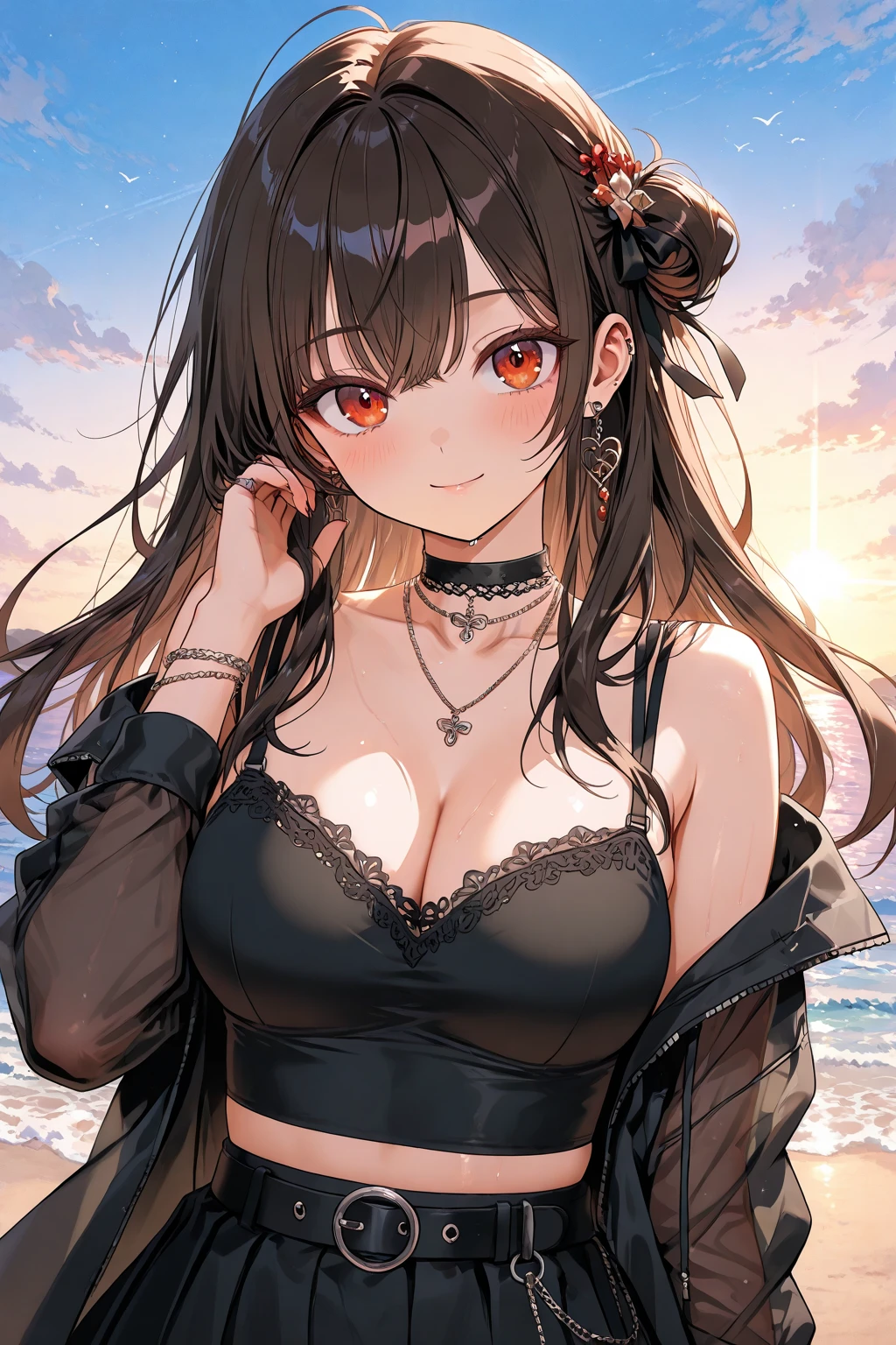 masterpiece, UHD, black hair, shapely, 1girl, crop top, detailed face, (beautiful and detailed orange glowing eyes:1.4), front shot, from bellow, smiling, full body, lake background, crystal clear water, park, night,