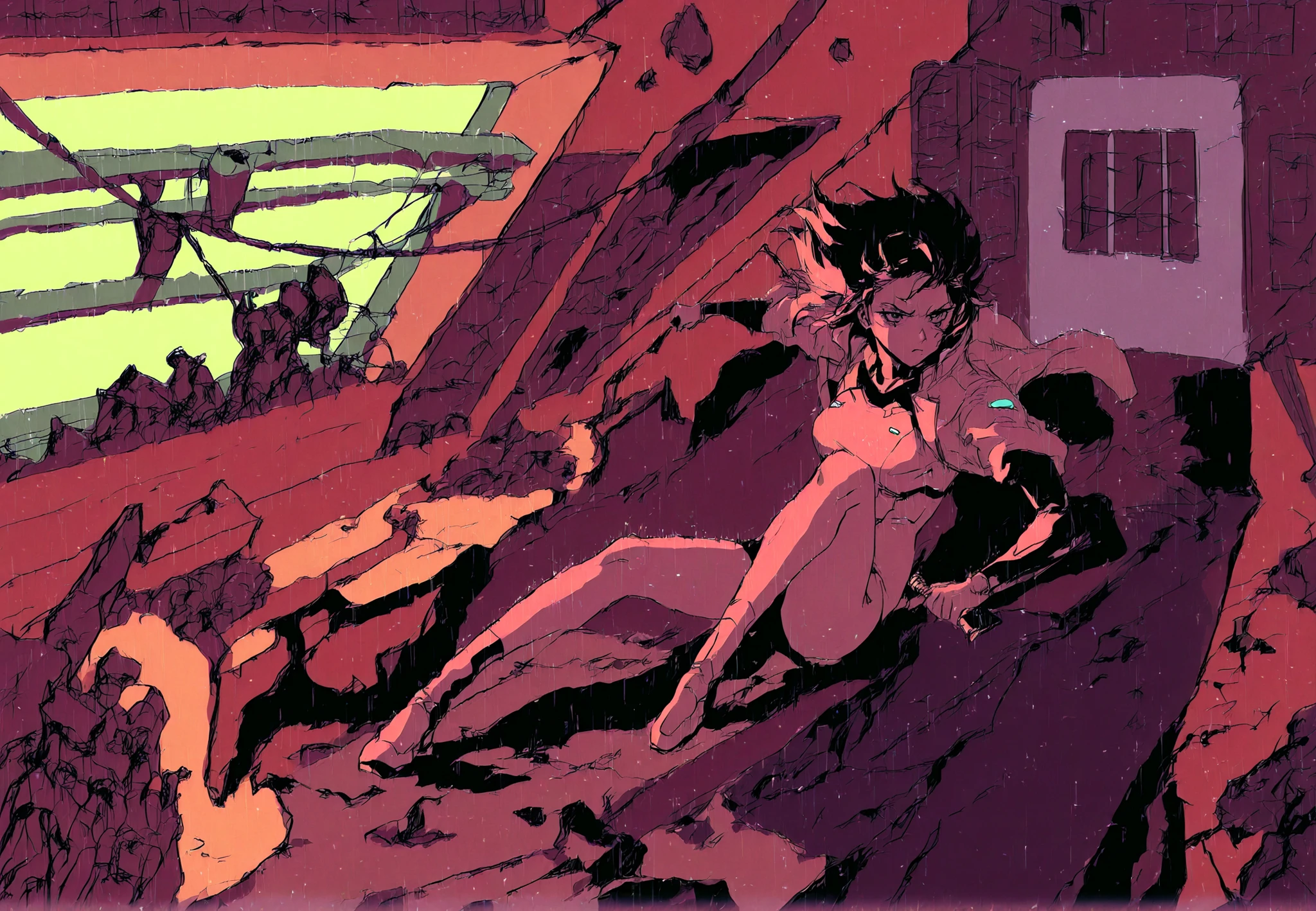 anime dominant schoolgirl, sword ⚔️ fight, realistic cyberpunk dystopian cityscape, futuristic architecture, neon lighting, rain, dark cloudy sky, ray of light, detailed facial features, serious expression, intense battle pose, hyper-detailed, 8K, ultra-realistic, cinematic lighting, volumetric fog, photorealistic, dramatic shadows, moody color palette, neon pinks and blues