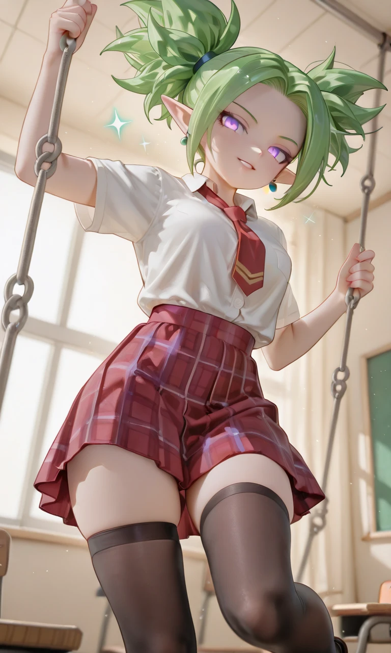 high-resolution, 巨作,1girl, Hinajiko Katsura, White Interior Alsazaweel ,Pink hair, long  hair,  medium  breasts,  Yellow eyes, (like haku:1.8), Standing, skirt lift,(Lifting the skirt:1.2) , black thighhighs, (embarrassed, blush:1.2), closed mouth,  Classroom