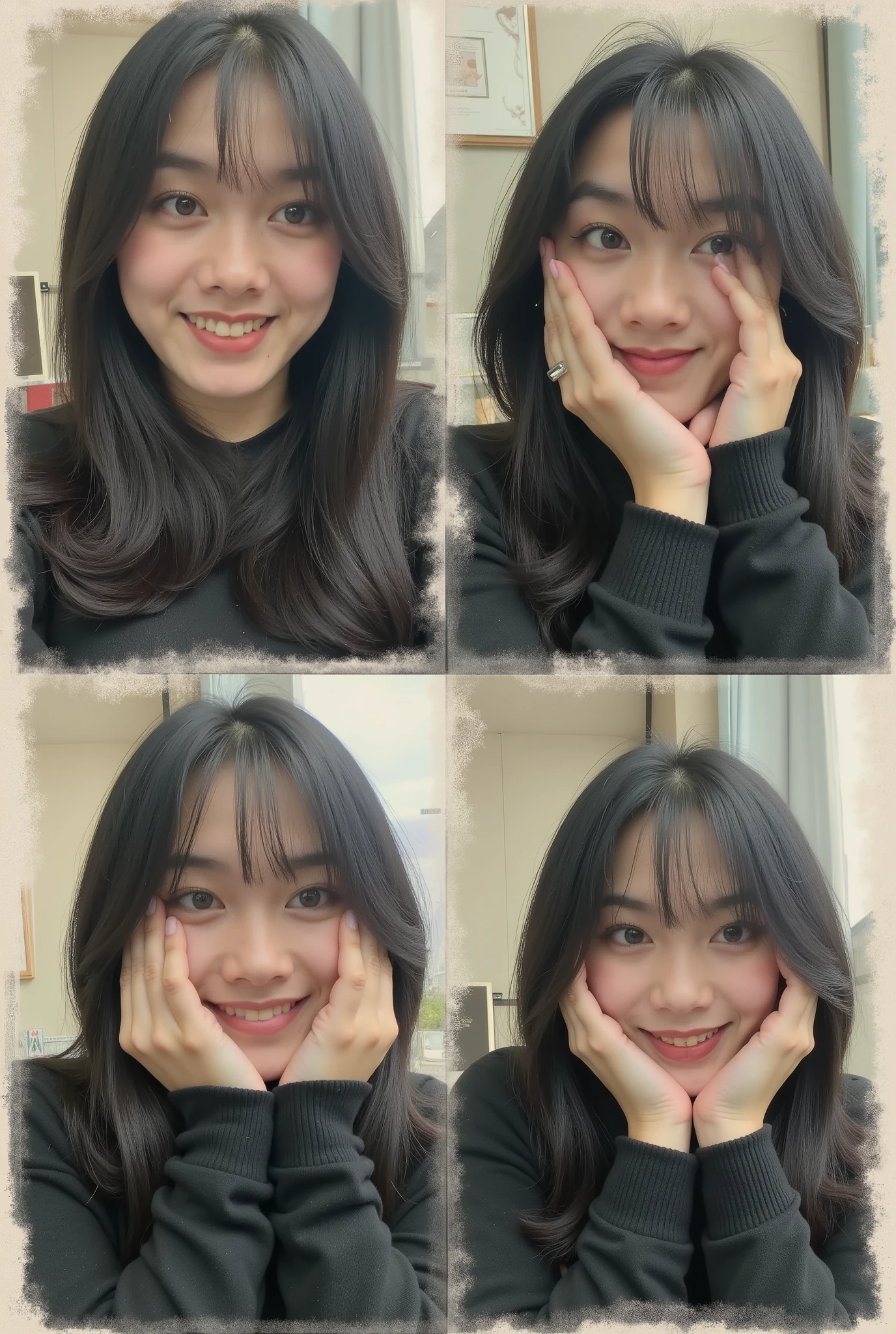 Use 100% of my facial features
Use this photo as a reference to create a vintage collage square, 4, with an authentic retro film look: faded tones, pastels, creamy whites, film grain, dust, scratches, dreamy morning light. Subject wearing a black long-sleeve wool top, medium-length black hair with slightly straight messy bangs, natural spontaneous waking-up vibe. Mix of shy smiles, playful laughs, covering the face, pouting, lying down.