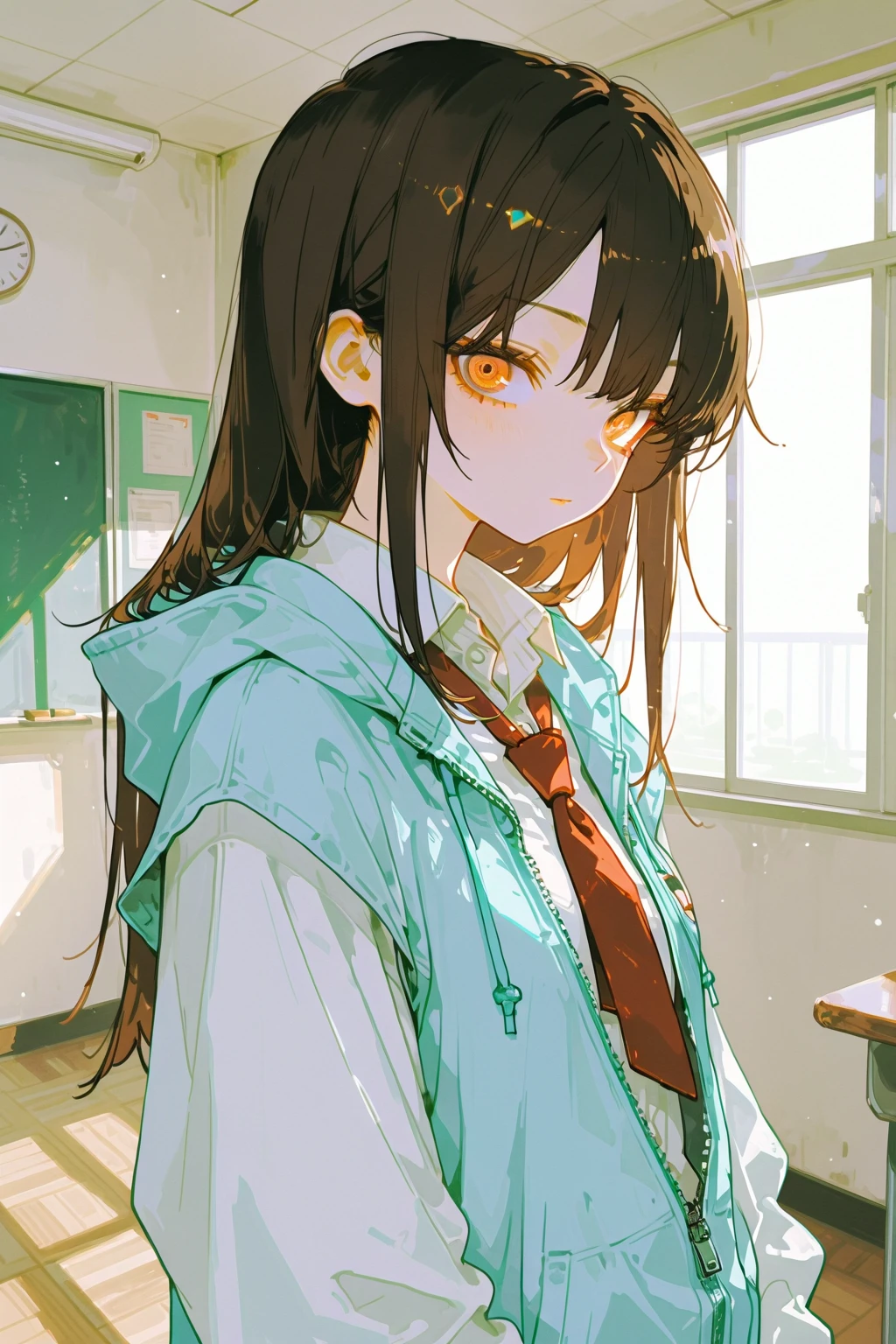 Please draw a high school girl with long brown hair.。Wearing a long-sleeved uniform。Please use a plain white background。Standing with the whole body facing forward。The face is smiling with the mouth closed。Keep your arms hanging down at your sides。Please shoot from the head to the upper body。Cat eyes and green eye color。No pose needed。