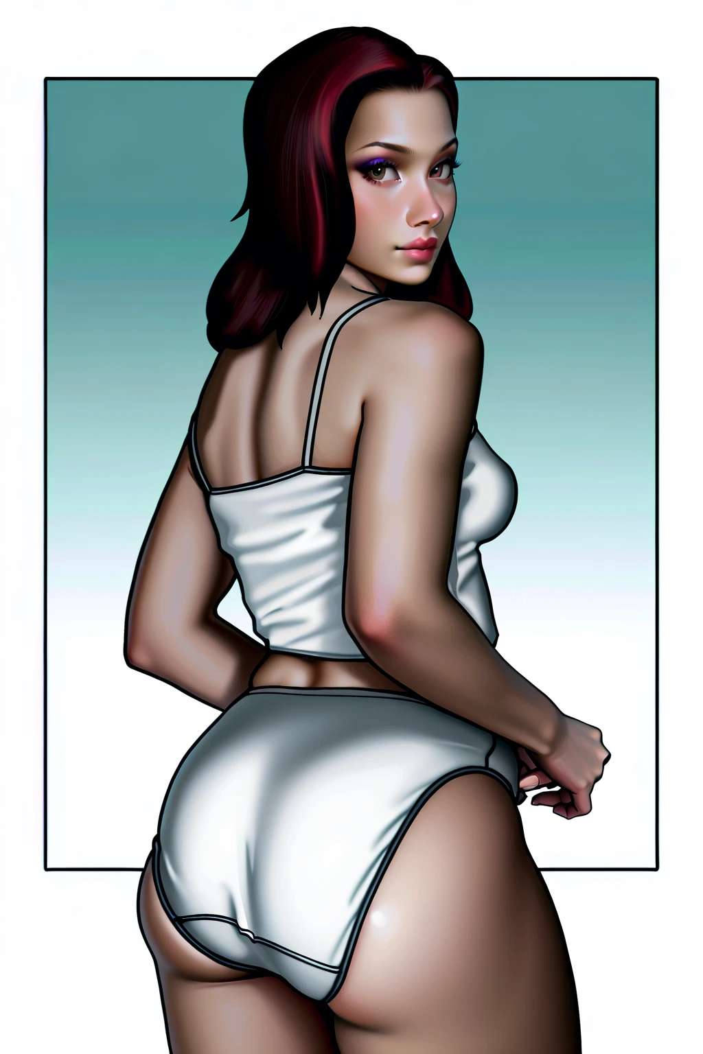 (masterpiece:1.2, Highest quality), (Realistic, photoRealistic:1.4),8K,wallpaper,(Written boundary depth),(Sophisticated lighting:1.1),(Improving cinematic lighting quality:0.9),Woman in  black panties and white shirt,Buckshot,Photo from behind,Shapely butt,Big Ass,Beautiful ass,Beautiful Skin,Glowing Skin,Rear view,Photo from behind,(((The background is a white and pink gradient))),(((hands)))