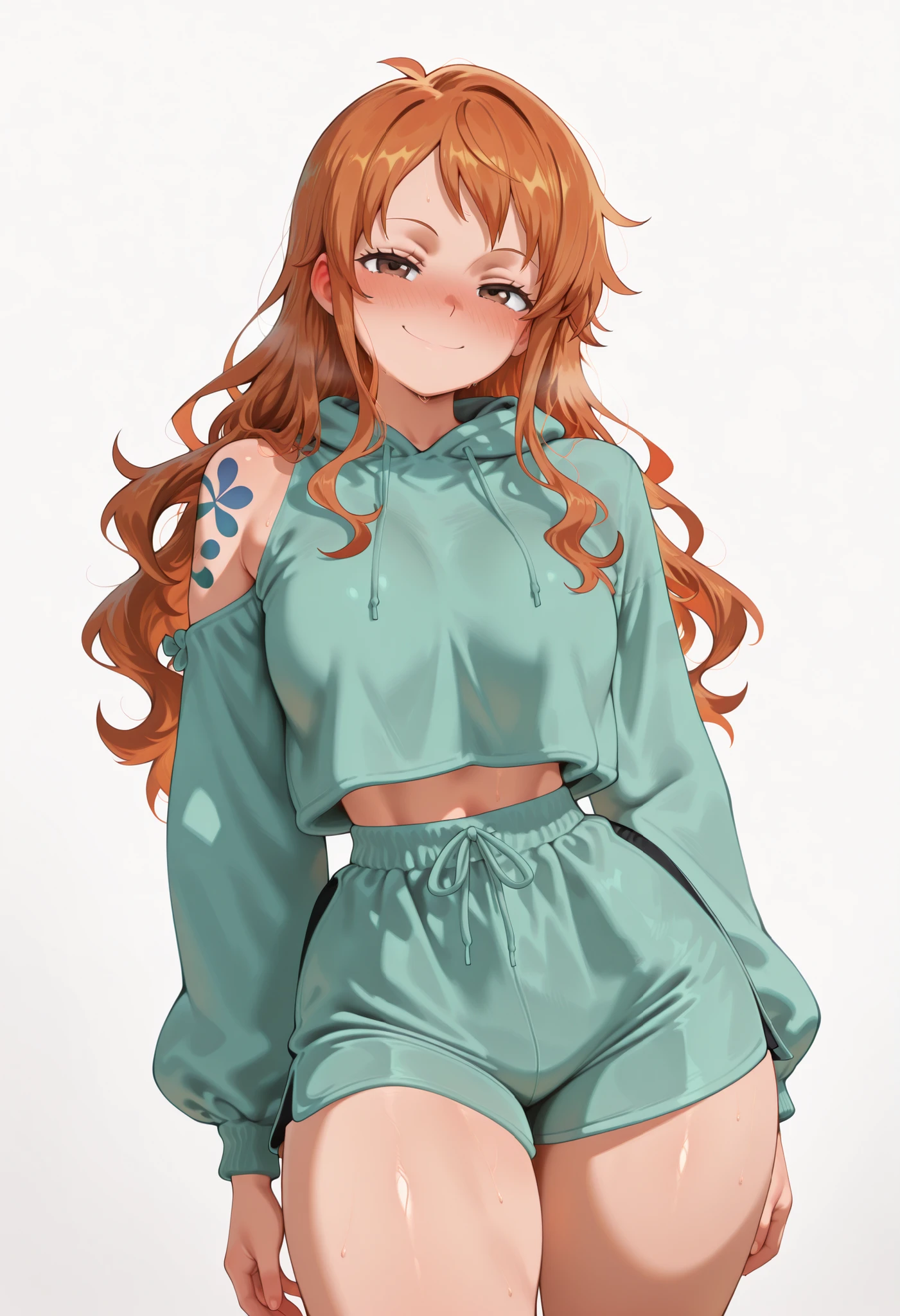 masterpiece, best quality, amazing quality, 1girl, solo, nami_post, orange hair, long hair, wavy hair, side locks, brown eyes, shoulder tattoo, arms at behind, looking at viewer, contrapposto, thick thigh, thick thighs, nose blush, shiny legs, shiny body, shiny hair, clear skin, clear body, white background, simple background, horny and happy, sadistic face, hoodie, shorts, smile, thick thigh, thick thighs, sfw, safe for work sfw