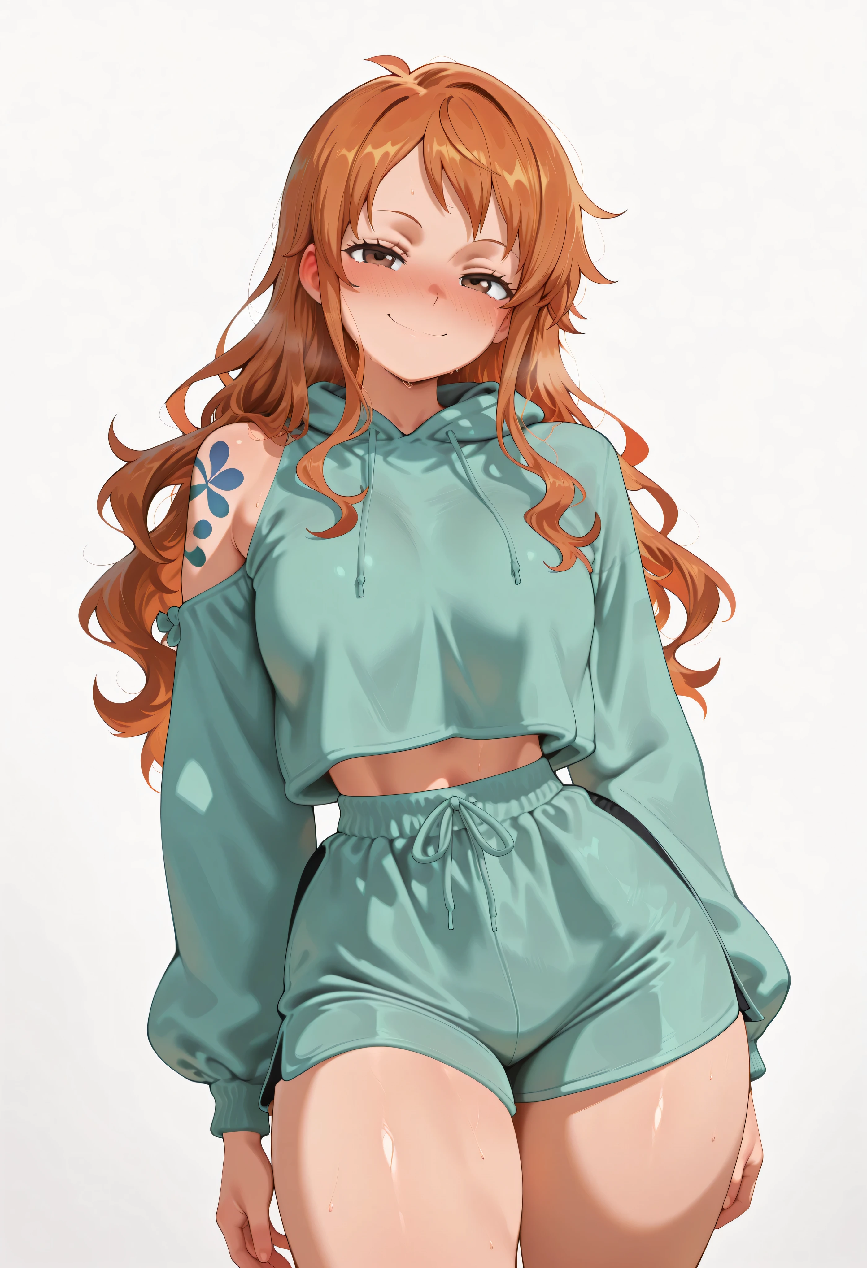 masterpiece, best quality, amazing quality, 1girl, solo, nami_post, orange hair, long hair, wavy hair, side locks, brown eyes, shoulder tattoo, arms at behind, looking at viewer, contrapposto, thick thigh, thick thighs, nose blush, shiny legs, shiny body, shiny hair, clear skin, clear body, white background, simple background, horny and happy, sadistic face, hoodie, shorts, smile, thick thigh, thick thighs, sfw, safe for work sfw