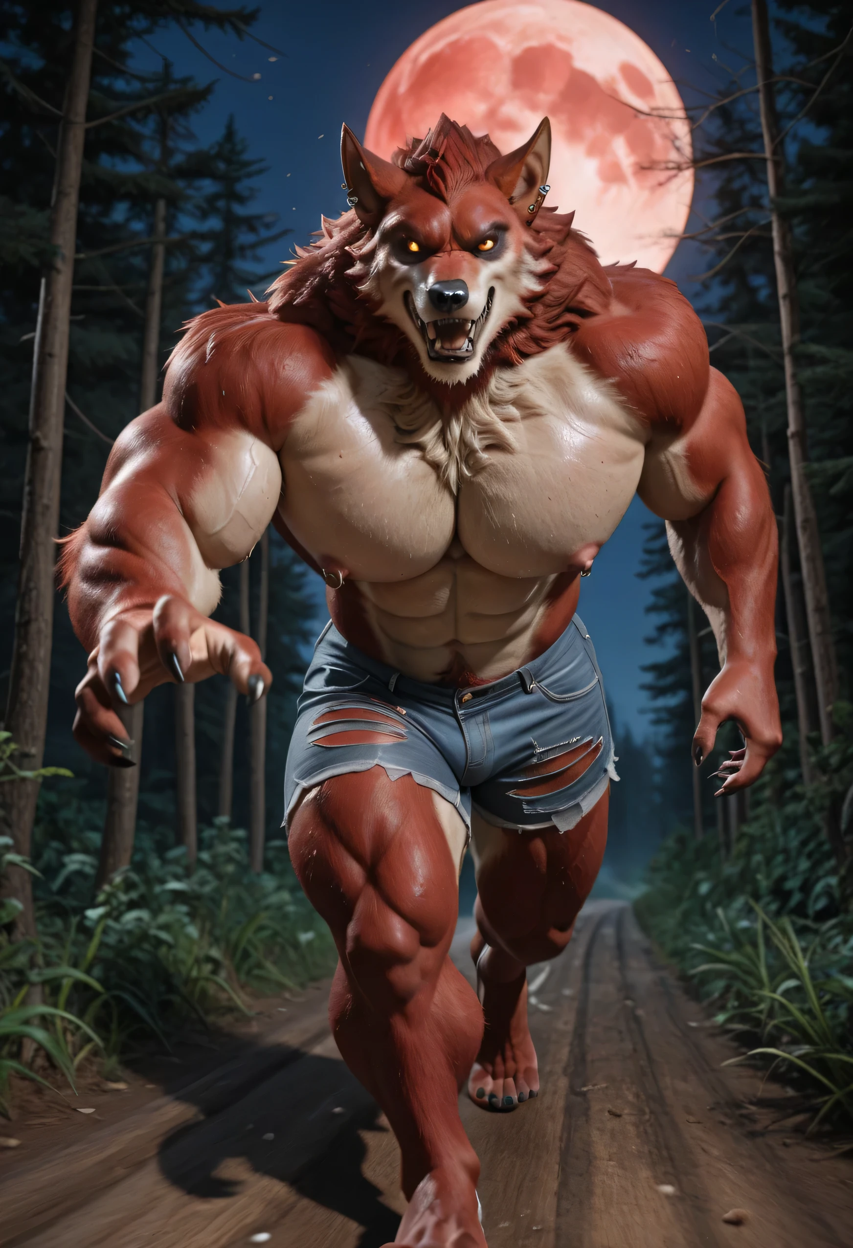 masterpiece, best quality, amazing quality, high quality, RAW photo, (Photorealistic Style), (Perfectly Correct Anatomy). (furry), (1boy), (Huge Adult Male muscular bara Werewolf Lycan West from Fortnite), Himbo, Very Masculine, Huge Man, Red and Light Brown Fur Body, Red and Light Brown Fur, Red and Light Brown Werewolf Tail, Huge Hyper Veiny Bulging Muscle:2, Huge Bodybuilder Physique, Huge Bulging Pectoral, Huge Wide Broad Chest, Huge Bulging Abs, Huge Wide Broad Shoulders, Huge Wide Broad Back, Eight-Pack Abs, Huge Boobs, Protrusion, Huge Thick Legs, Strong Body. (Detail Glowing Amber Eyes with narrow, vertical pupils, emission strictly limited to pupils), Black Sclera:1.4, Realistic Detail Bara Chiseled Male Werewolf Handsome Rugged Lycan West Face:1.6, strong square jawline, chiseled cheekbones, tough appearance, hairy chest, hairy back, hairy legs, hairy thighs, hairy arms, pubic hair, Huge muscular butt:2. Nipple Piercings, Ear Piercings, Rings, realistic human hands, (Natural Palms Color:1.4), (5 fingers), Black Claws, (Realistic human feet), (5 toes), (Natural Soles of Feet Color), (huge size 24 feet), (10 feet tall:1.4). In a Realistic Forest Near A Wooden Cabin background at night with a large red full blood moon glow, (Solo), looking at the viewer:1.6, (front view:1.6), (running towards the viewer, pushing through the brushes, left hand reaching for the viewer:1.6), hand on his own cheek, (focus face:1.8), (close up face:1.8), smug smirk. (wearing a torn tight transparent small cheeky jean shorts:1.4), Uncensored, (Puffy Nipples:1), (Sweaty Body).
