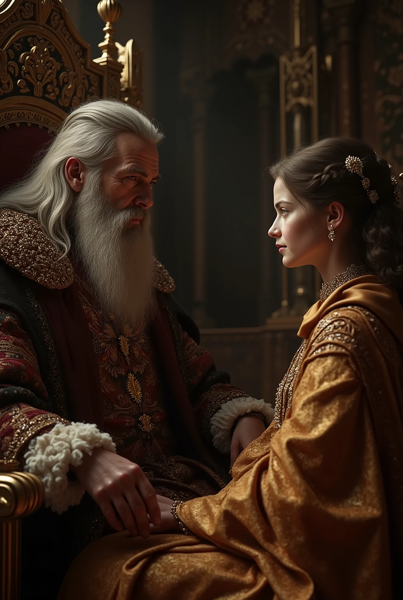 The old king is in the throne room talking with the young princess. Intricate details and cinematic lighting