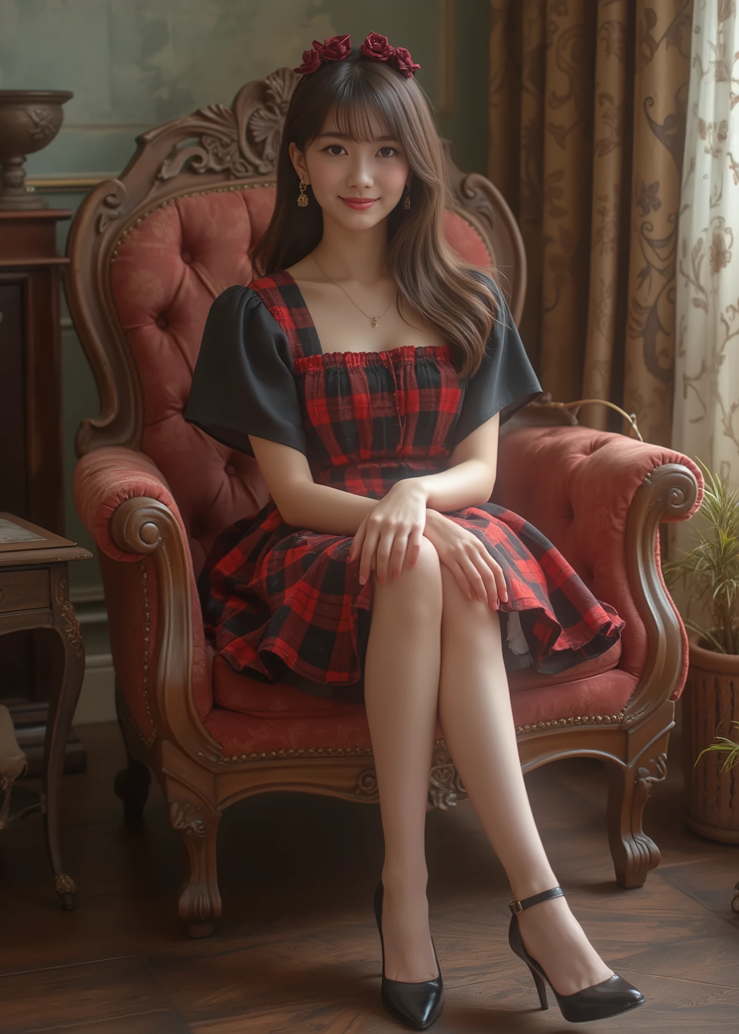 cuteloli,((最High Quality、masterpiece、high sensitivity、high definition、detailed instructions、delicate face、Fvalue:6.0)),((slender and cute Japanese woman、16 years old)),Advanced Digital Art、beautiful girl with a smirking face、Smile Yan、Black and Red Maid Dress、old Western-style room、Sit in a plush chair and cross your legs、Beautiful legs、Black Low Heels, smooth skin on r roads、small breasted、Beautiful 4 Fingers、(full body photo、full body shot、body)、High Quality、32K