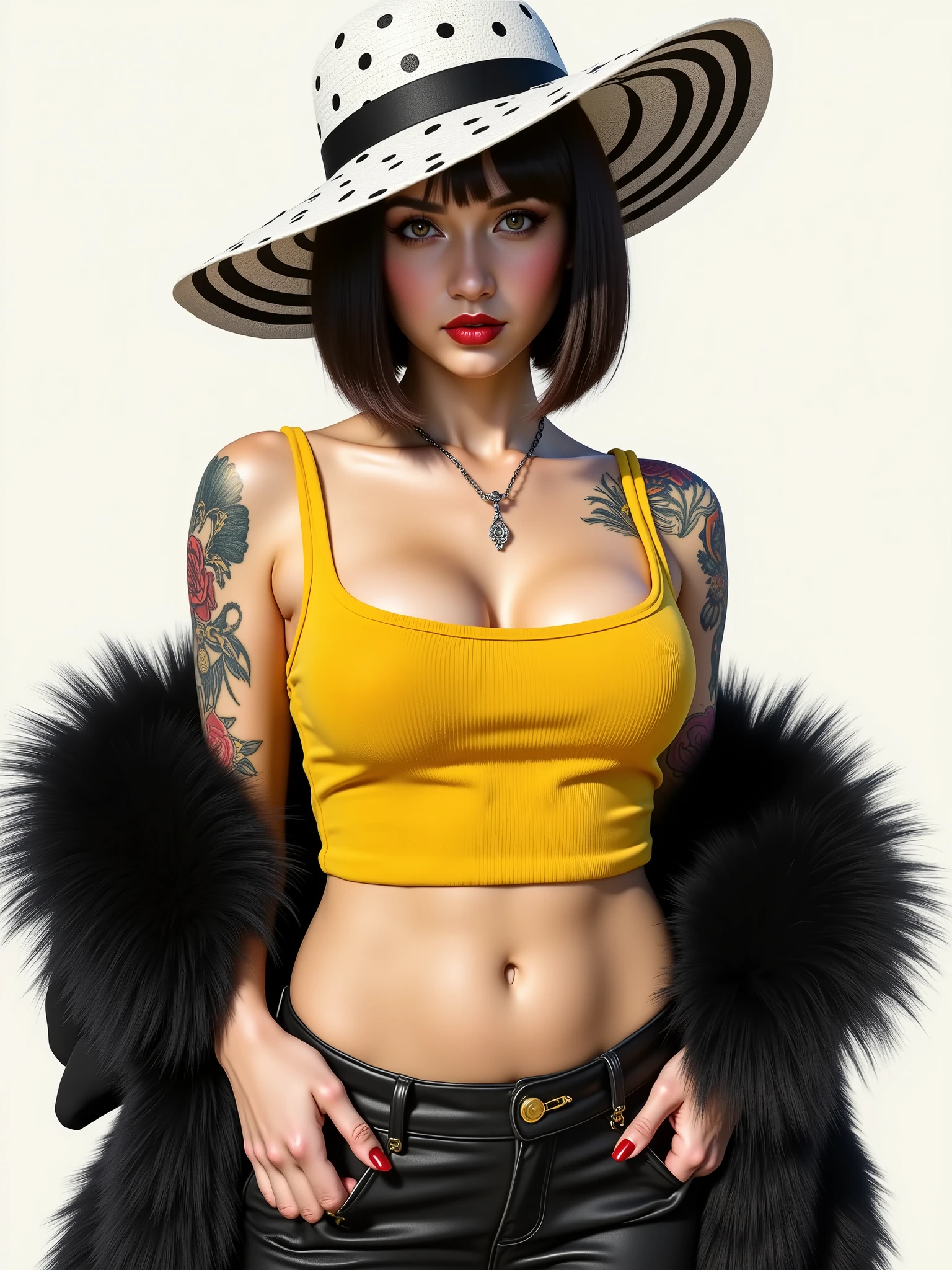 masterpiece, best quality, 8k,highestres, absurdres, extremely detailed, female trafalgar law, 1girl, 1sword, solo, looking at viewer, short hair, large breasts, polkadot cute white hat, navel, cleavage, collarbone, earrings, midriff, pants, coat, fur trim, denim, jeans, shoulder tattoo, hand tattoo, finger tattoo, black fur-trimmed coat, coat on shoulders, yellow tank top,///,
