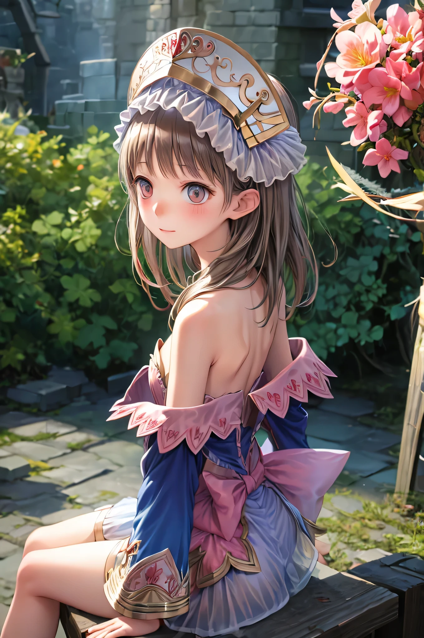 masterpiece, best quality, high resolution, sharp focus, anime coloring, depth of field, photorealistic, anime style, clumsy pose, blush, relieved, vibrant colors, cinematic lighting, high quality, perfect detail, perfect anatomy, 8k, HDR, fantasy magic, magical energy, alchemist aura, atelier background, chartotori, blue sleeves, detached sleeves, skirt, dress, bare shoulders, blush, collarbone, strapless, hat, frills, flat chest, bow, back bow, sitting, laugh