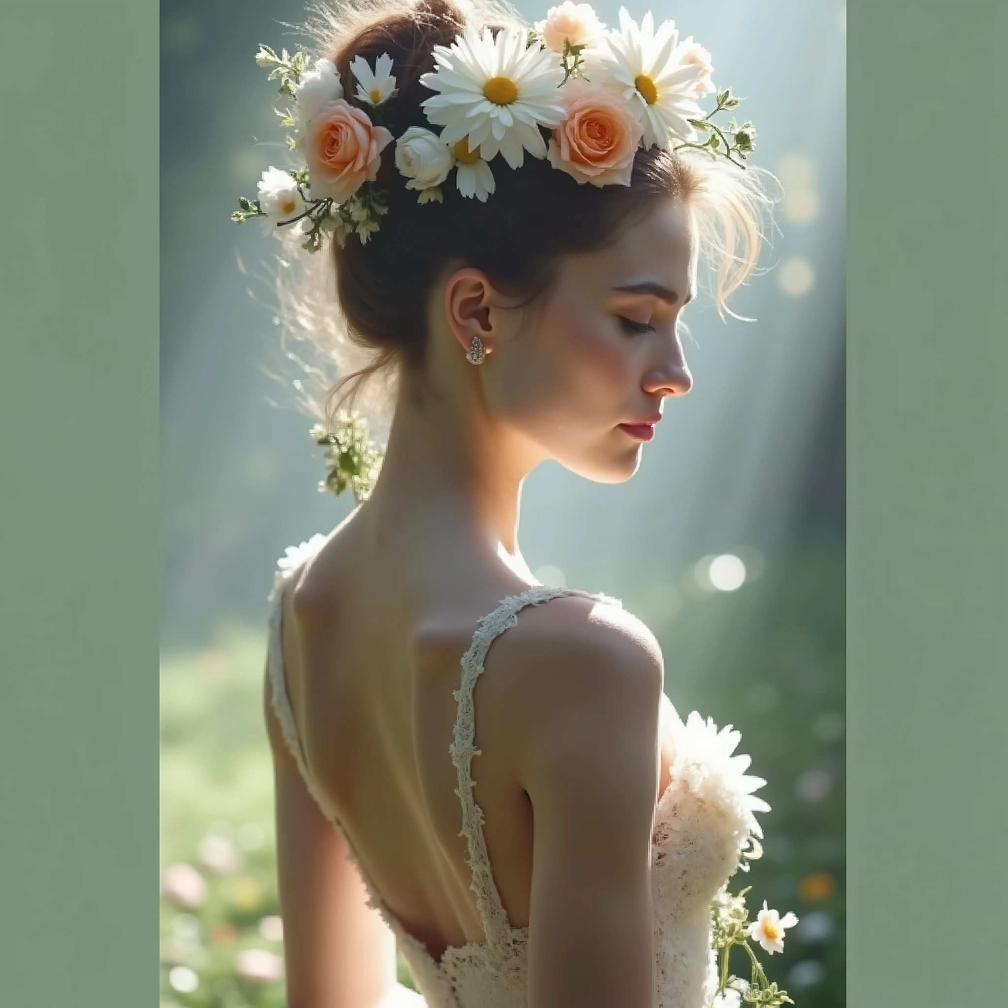 High quality cinematographic image, beautiful woman in Gothic style, The morning light pours on the petals, their bright colors against soft tufts of hair. Each flower was carefully chosen, not only because of its beauty, but for the meaning. Roses for courage, daisies for sincerity, baby breath for quiet grace. The flowers breathe softly with every movement, framing his face with a natural, Effortless charm. There is a serene confidence in his posture, the kind who doesn't need words. The scent of fresh flowers mixes with air, and for a moment, it's hard to say where the nature and begins the person. an enormous amount of flowers emanate from the woman's hair and dress in a dreamlike atmosphere, flowers emanate from her hair and vines dress her figure