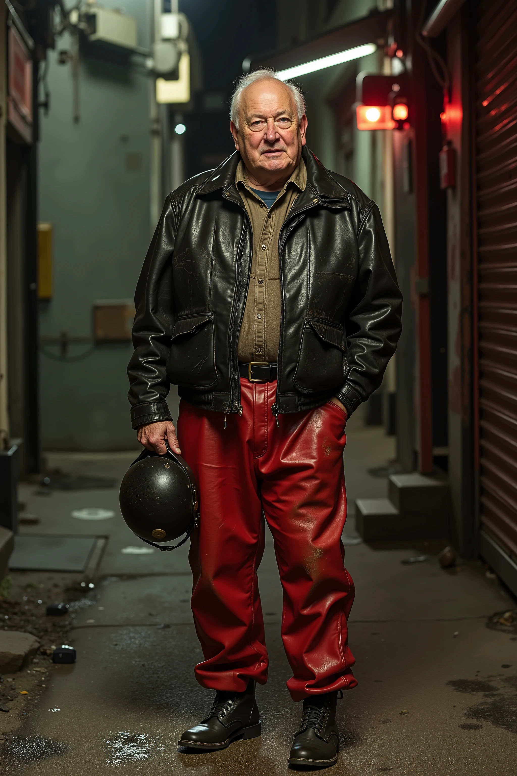 An elderly man in his 60s with a stocky build, wearing a vintage 1960s brit1960smoto black leather british bomber jacket with extensive scratches wrinkles and dust stains from wear, standing in a neon-lit urban alley at night, holding a classic motorcycle helmet., wearing bright polished red leather pants with light dust stains, wearing dirty black leather boots from the 1930s