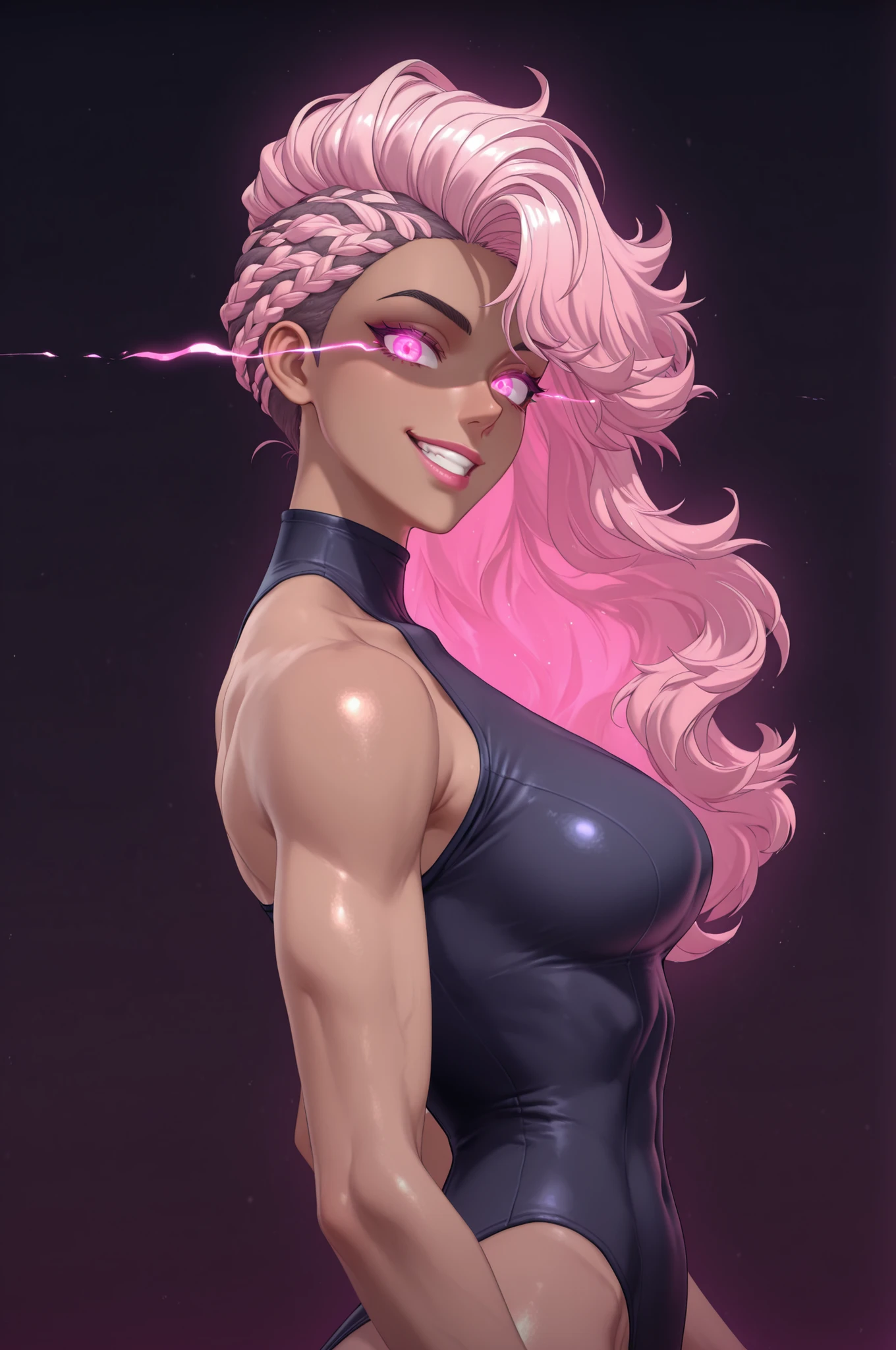 masterpiece, good quality, best quality, very awa, very as2, absurdres, highres, 3d, pink sura, from side, looking at viewer, shaded face, p
 Seojin, toned female, dark-skinned female, long hair, pink hair, side cut, braid, yellow eyes, turtleneck leotard, bare shoulders, (glowing pink eyes:1.5), grin, dark background,
  1girl, solo, breasts, looking at viewer, makeup,  eye trail, petite, slim waist,