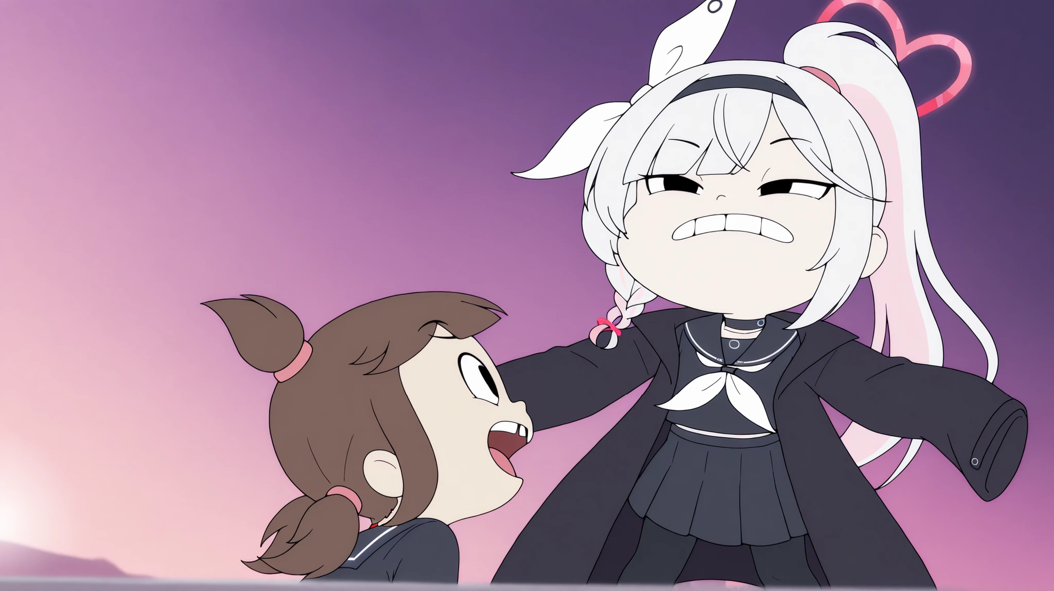 2girls, plana \(blue archive\) black eyes,long hair, white hair,braid,bow hairband,heart halo,choker,black serafuku,sailor collar,black long coat, black skirt, black pantyhose, | a_ey, missing tooth, black eyes, brown hair, bangs, ponytails, high ponytail, elastic band, | detailed, masterpiece,