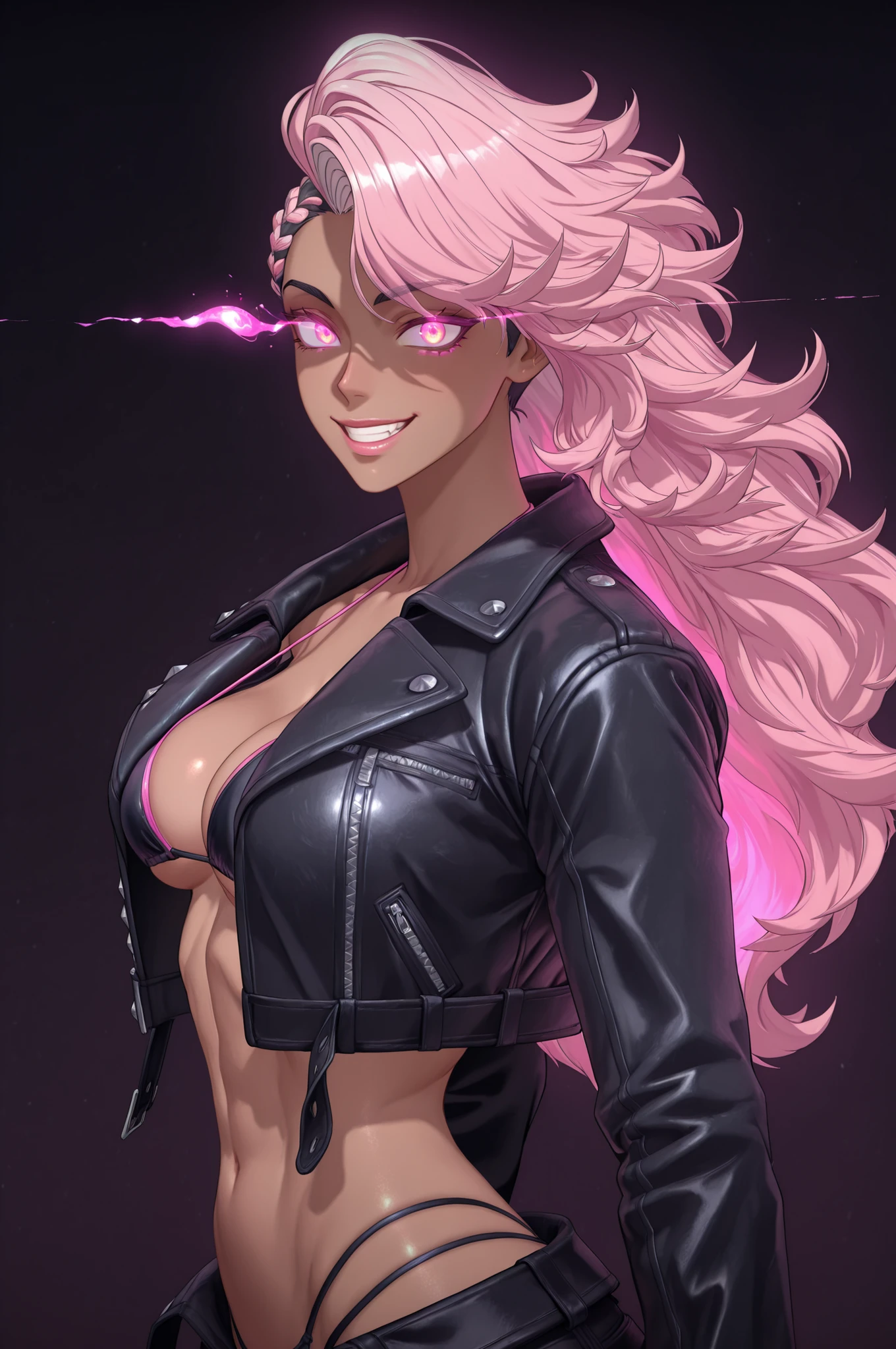 masterpiece, good quality, best quality, very awa, very as2, absurdres, highres, 3d, pink sura, from side, looking at viewer, shaded face, p
Seojin, toned female, dark-skinned female, long hair, pink hair, side cut, braid, yellow eyes, (glowing pink eyes:1.5), grin, dark background,
1girl, solo, breasts, looking at viewer, makeup, eye trail, petite, slim waist, punk jacket, crop top jacket, black leather jacket , revealing, cleavage, micro bikini top, thong,