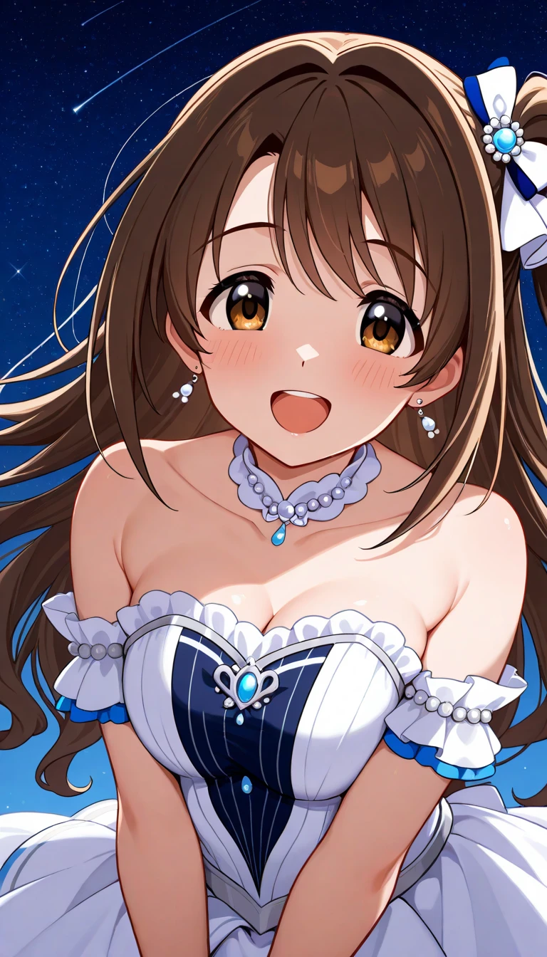 Solo, 1 girl, blushing, Twintail, brown hair, , earring, smile, blue eyes, blushing, Cowboy camera angle, headband, Twinkling light, Silhouette, abstract, high resolution, precise, Masterpiece, Anatomically correct, best quality, Highly detailed, 