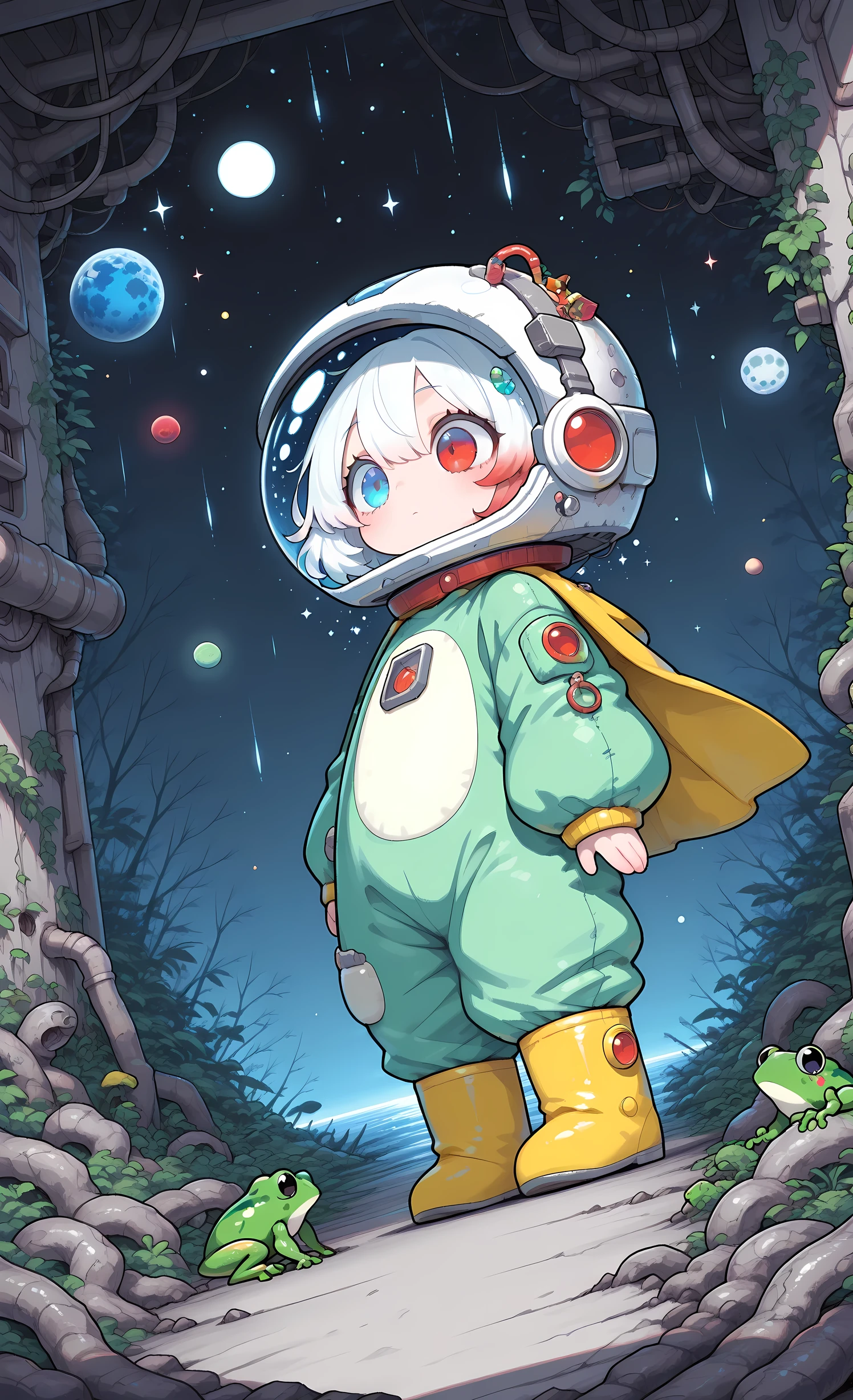 masterpiece, best quality, ultra-detailed, futuristic cartoon style, abandoned planet scene, 1girl, solo, pure white hair with soft gradient red tips, heterochromia red right eye:1.4 and ice blue left eye:1.4, fair skin, wearing bright green frog onesie with yellow cape, yellow rain boots, astronaut helmet, floating in low gravity near wrecked circular space vehicle, repairing exterior, alien landscape with derelict structures, overgrown crystalline flora, multiple moons in sky, cyan and white color palette with red accents, dramatic lighting, sharp lines, exaggerated perspective, "The forgotten planet" theme