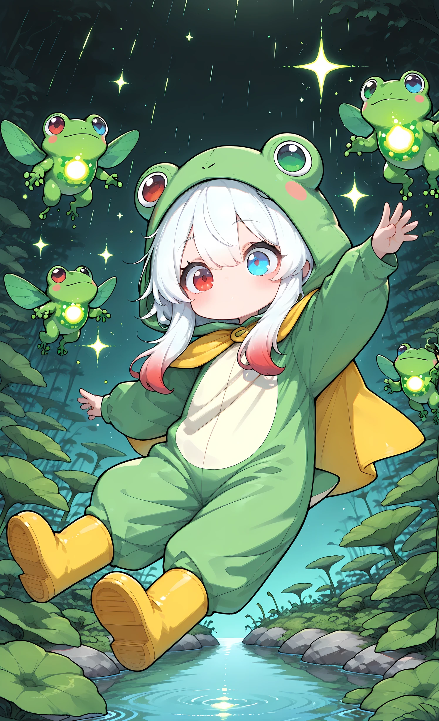 masterpiece, best quality, ultra-detailed:1.3, 1girl, solo, pure white hair with soft gradient red tips, heterochromia, fair skin, wearing bright green frog onesie with yellow cape, yellow rain boots, holding glowing alien seed, surrounded by bioluminescent plants, floating islands in sky, multiple moons, forgotten planet ecosystem, wonder-filled expression
