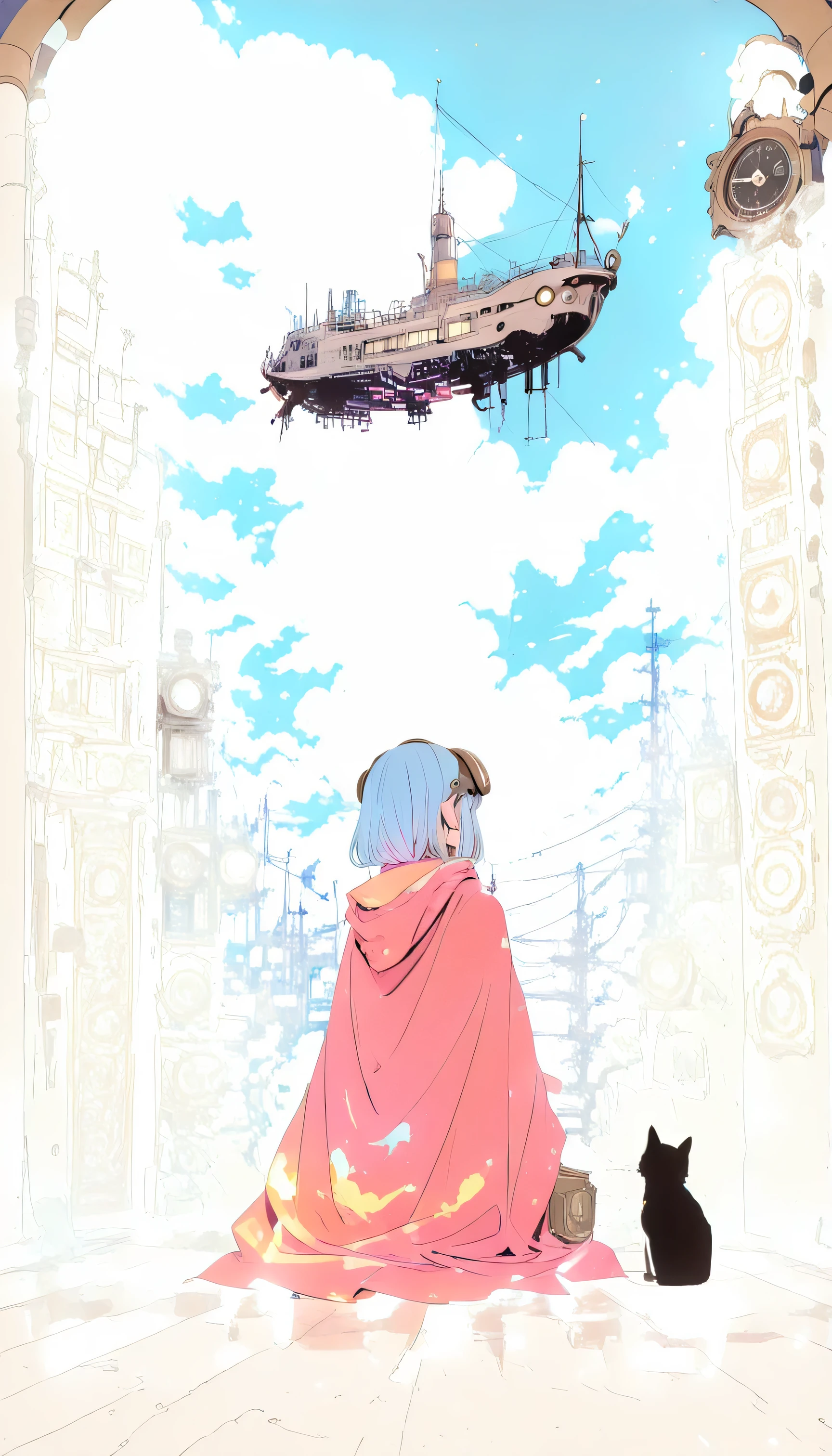 (double exposure:1.5),(Her cloak is a double-exposure effect that depicts the magical world of Lassen's designs.:1.5),(Cloak close up:1.3)(A girl is sitting on the clock hands of a large clock in a clock tower),1girl,shampoo \(Ranma 1/2\),(beautiful girl:1.3),masterpiece,1girl,Ultra-high resolution,rich contrast,Very high quality,8k,Highly detailed CG unit wallpaper,Texture,RAW Photos,professional photograph,an extremely delicate and beautiful,Incredibly absurd,Depth of written boundary 1.2,Edinburgh's distinctive streets,steampunk,Brown goggles,(hair color is light blue:1.5),Brown hat,merchant,Brown halter neck garter corset,cloak,briefcase,pitch black night,Set-Flat-Style,flat color,vector style,clean lines,airship,reddish brown eyes,colorful,((airship)),Girl looking up at the airship,black cat,(from behind:1.5)