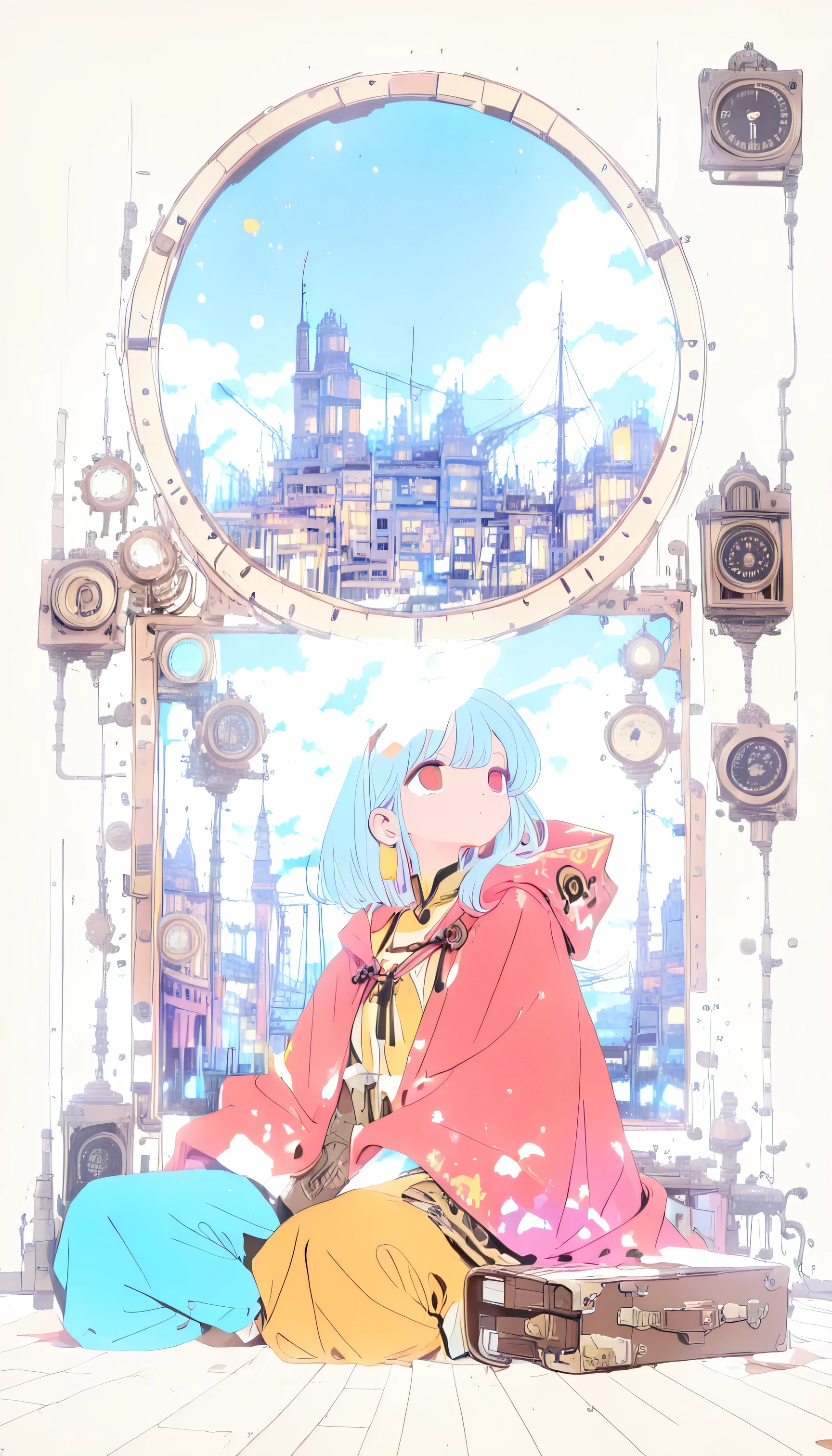 (double exposure:1.5),(Her cloak is a double-exposure effect that depicts the magical world of Lassen's designs.:1.5),(Cloak close up:1.3)(A girl is sitting on the clock hands of a large clock in a clock tower),1girl,shampoo \(Ranma 1/2\),(beautiful girl:1.3),masterpiece,1girl,Ultra-high resolution,rich contrast,Very high quality,8k,Highly detailed CG unit wallpaper,Texture,RAW Photos,professional photograph,an extremely delicate and beautiful,Incredibly absurd,Depth of written boundary 1.2,Edinburgh's distinctive streets,steampunk,Brown goggles,(hair color is light blue:1.5),Brown hat,merchant,Brown halter neck garter corset,cloak,briefcase,pitch black night,Set-Flat-Style,flat color,vector style,clean lines,airship,reddish brown eyes,colorful,((airship)),Girl looking up at the airship,black cat