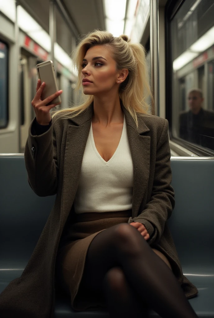 ( best quality pictures)、16K high resolution、 super detailed、masterpiece、( live shooting )、( photorealistic)、( hyperrealism )、Sharp focus、 very delicate and beautiful、 fine details 、1 Female、(European)、Super beautiful、Facial beauty、Blonde、18 years old、 beautiful legs、High school girl sitting on subway seat 、()、 high school uniform 、dark blue 、She has a smartphone、At SFW, very