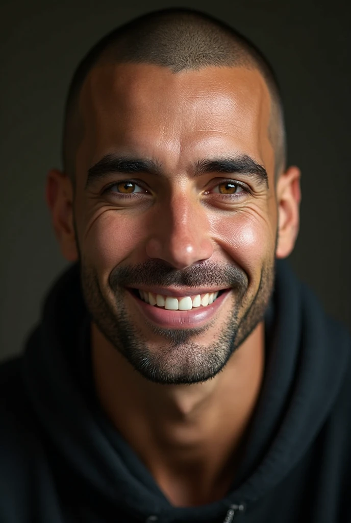 A photograph of a man , bald, bearded, the 90s, guapo, Detailed face with glamorous smile, regarder la caméra, portrait, 8k uh, High quality with tight 