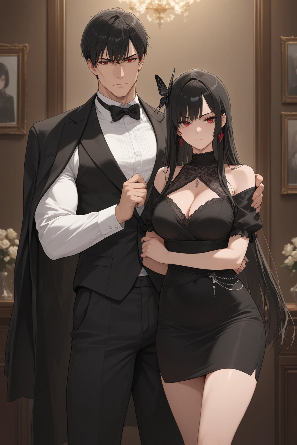 ((Masterpiece)) A very beautiful woman, black hair, brown eyes, doing a ???? lift. A handsome young man shows off his six packs, grabbing a woman's ????., ????, ???, ???, Big ????, pornographic, victorian dress, Victorian era, bright colors