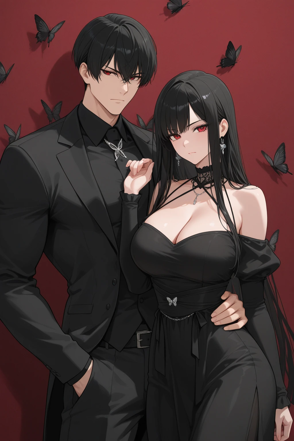 (masterpiece, best quality), man holding woman in arms, adult, handsome, high muscular face, broad shoulders, black clothing, finely detailed eyes and detailed face, extremely detailed CG unit 8k wallpaper, intricate details, very short hair, white hair, bright blue eyes, gothic castle background, gothic room background, cinematic light, backlighting, bright white particles, flare lens, woman wavy black hair,  black dress