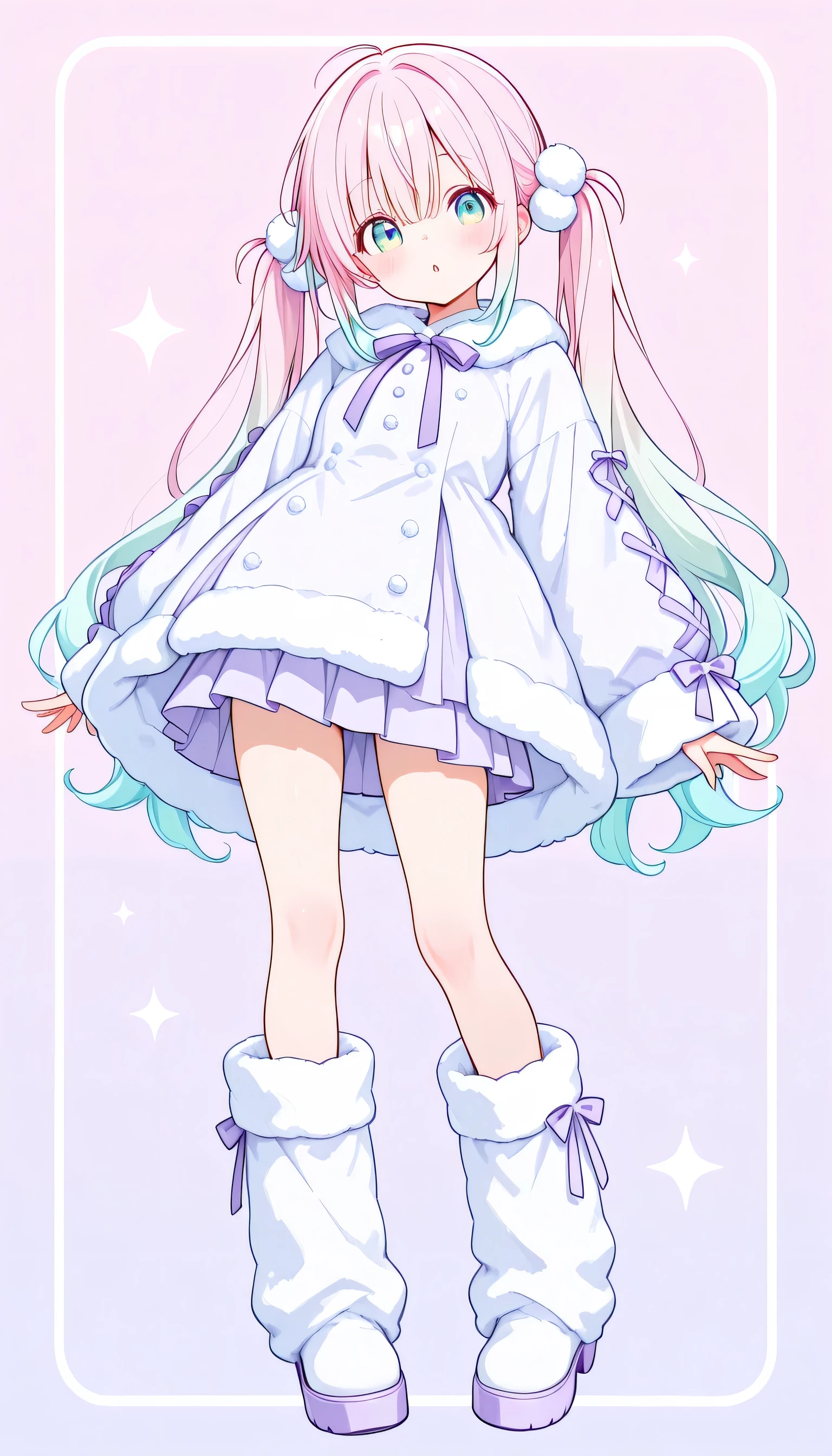 face to the front、1girl,(pretty face、baby face)、cute、fluffy hair ornaments、（have hair flowing back）twin tails、light green and light pink gradient hair、個性的でcuteヘアスタイル、pop background、(eyes shine with light purple and light blue gradations)、（best details、Highest Quality、The greatest masterpiece）、fluffy dress、fluffy long boots、pleated miniskirt、