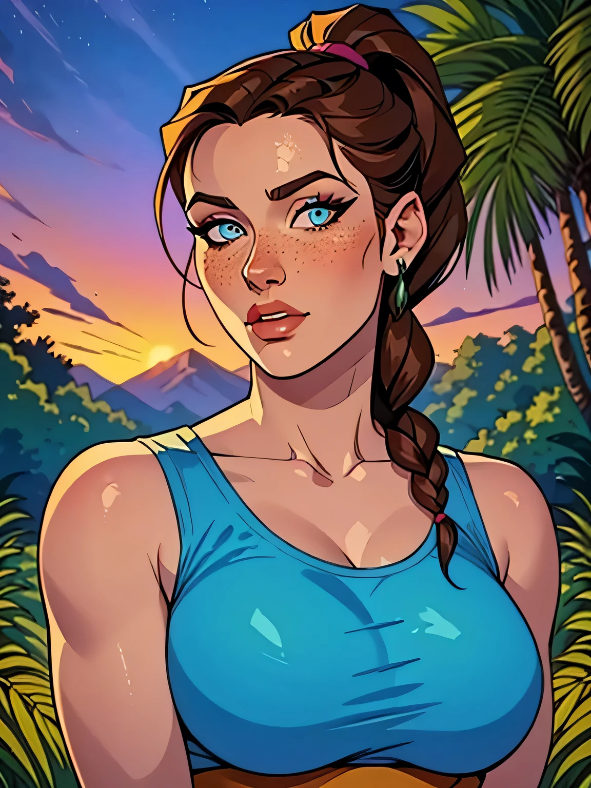 Melhor qualidade, obra de arte, (realista: 1.2) Close up of a thin and athletic woman (Lara Croft), 25 anos, 16k (( high definition )), sighing look, olhar sedutor ((looking at the viewer)), olhos castanhos, Wearing a tight petrol blue regatta ((decote em V, sem mangas )), cintura fina, usa um cinto marrom, arms at the sides of the body, pele morena, cabelo castanho (( with a braided ponytail )), She's alone in a jungle (( upper body, From head to waist , vista lateral 1.4)), with freckles on the neck and , (( grandes, redondos e suados 1.4)), (( Well defined collarbone)). estilo cartoon ((QG)), forest and sunset in the background.