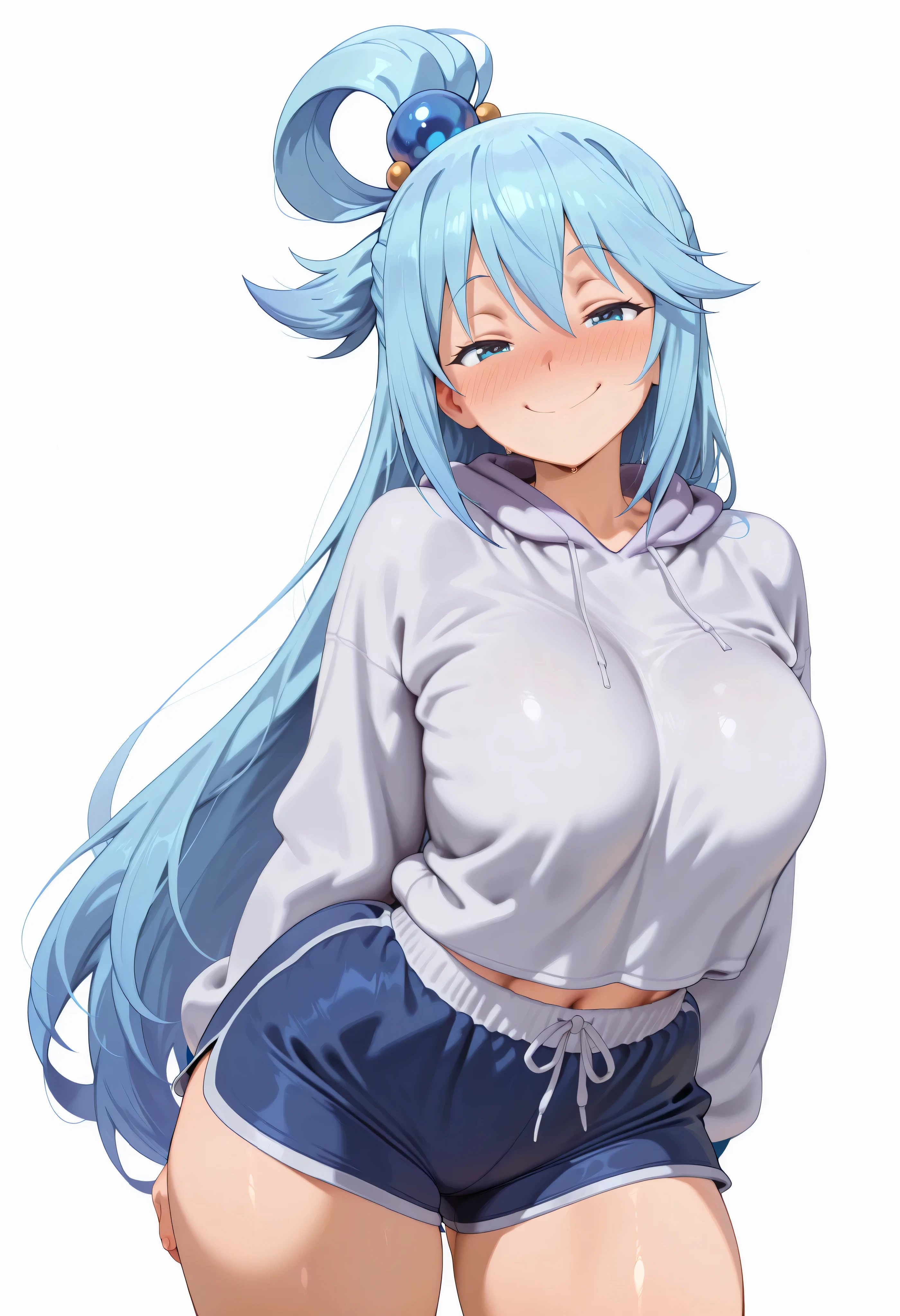 masterpiece, best quality, amazing quality, 1girl, solo, aqua \(konosuba\), long hair, blue eyes, hair ornament, very long hair, blue hair, hair rings, single hair ring, hair bobbles,, arms at behind, looking at viewer, contrapposto, thick thigh, thick thighs, nose blush, shiny legs, shiny body, shiny hair, clear skin, clear body, white background, simple background, horny and happy, sadistic face, hoodie, shorts, smile, thick thigh, thick thighs, sfw, safe for work sfw