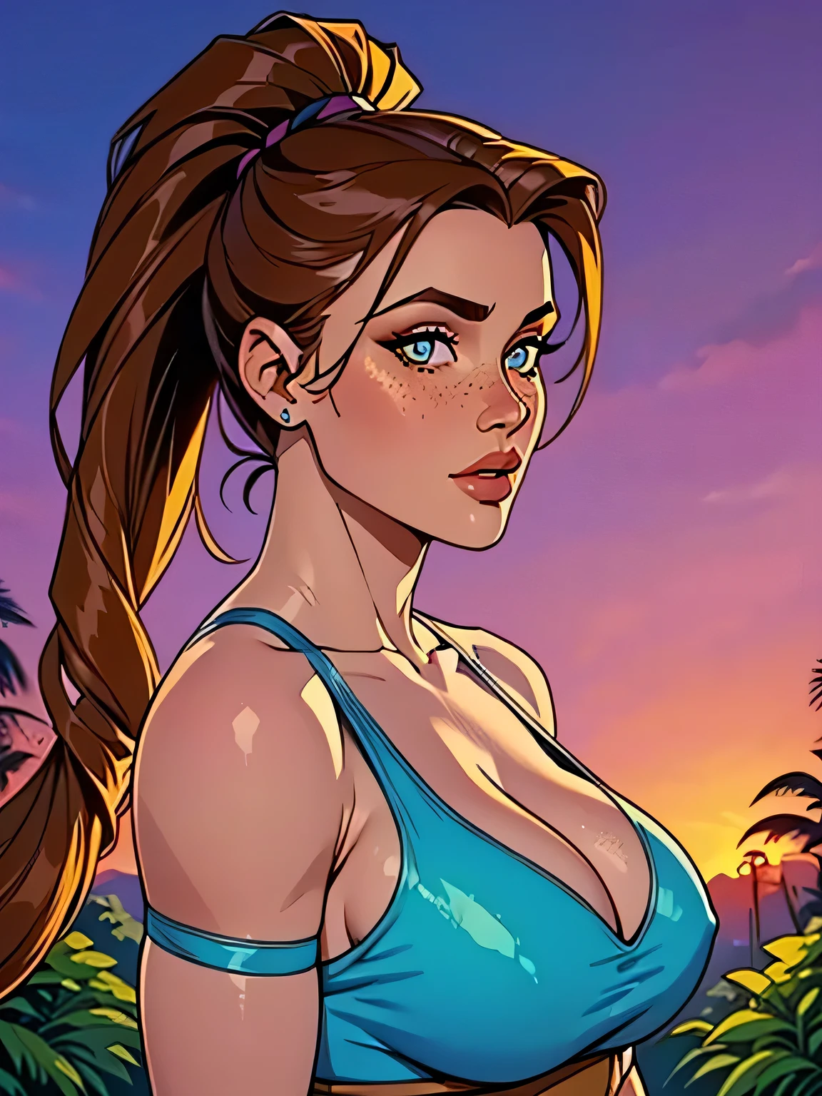 Melhor qualidade, obra de arte, (realista: 1.2) Close up of a thin woman , busty and athletic (Lara Croft), 25 anos, 16k (( high definition )), sighing look, olhar sedutor ((looking at the viewer)), olhos castanhos, Wearing a tight petrol blue regatta ((decote em V, sem mangas )), cintura fina, usa um cinto marrom, arms at the sides of the body, pele morena, cabelo castanho (( with a braided ponytail )), She's alone in a jungle (( upper body, From head to waist , side view 1 .4)), with freckles on the neck and , (( grandes, redondos e suados 1.4)), (( Well defined collarbone)). estilo cartoon ((QG)), forest and sunset in the background.
