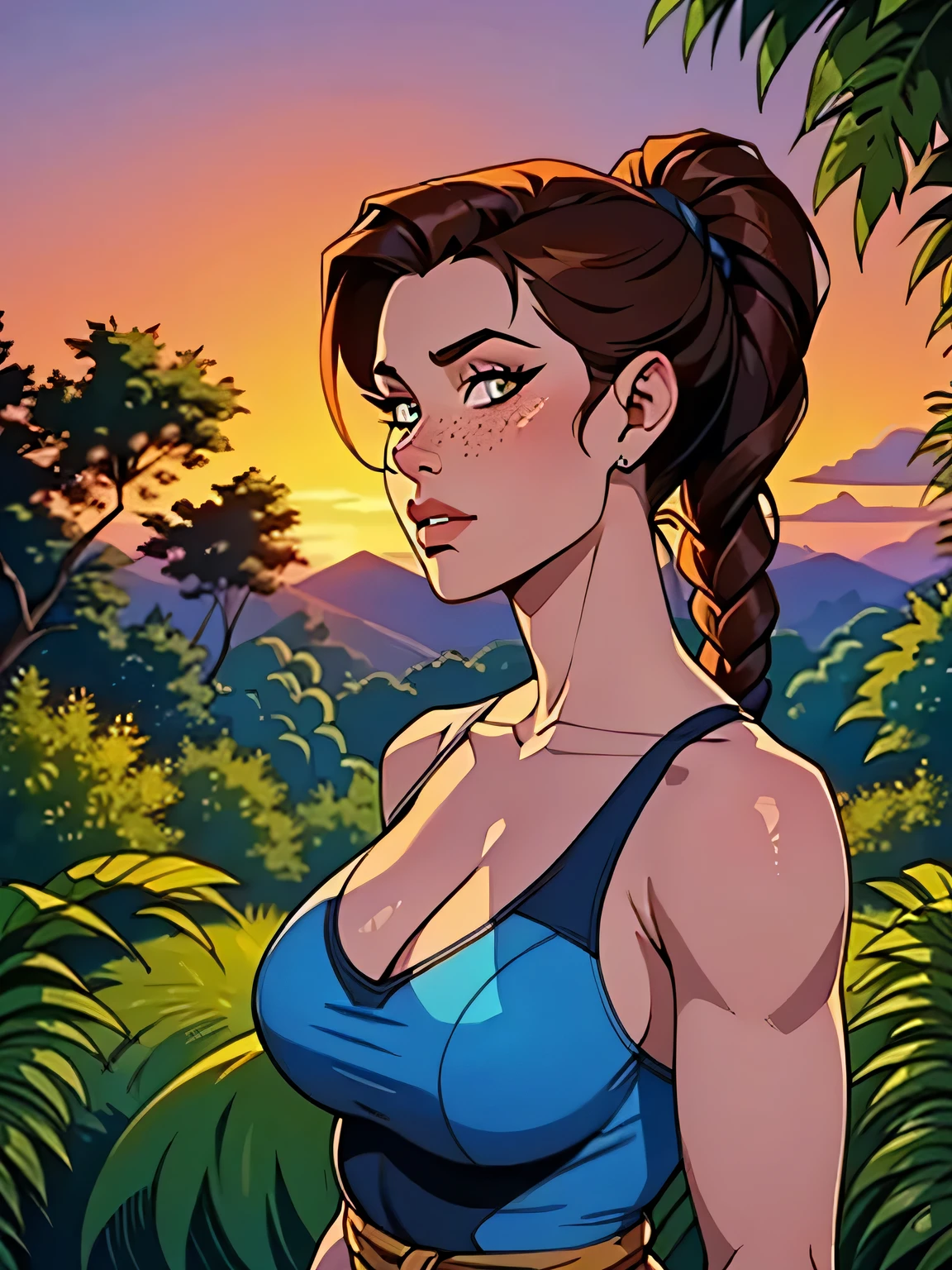 Melhor qualidade, obra de arte, (realista: 1.2) Close up of a thin woman , busty and athletic (Lara Croft), 25 anos, 16k (( high definition )), sighing look, olhar sedutor ((looking at the viewer)), olhos castanhos, Wearing a tight petrol blue regatta ((decote em V, sem mangas )), cintura fina, usa um cinto marrom, arms at the sides of the body, pele morena, cabelo castanho (( with a braided ponytail )), She's alone in a jungle (( upper body, From head to waist , side view 1 .4)), with freckles on the neck and , (( grandes, redondos e suados 1.4)), (( Well defined collarbone)). estilo cartoon ((QG)), forest and sunset in the background.