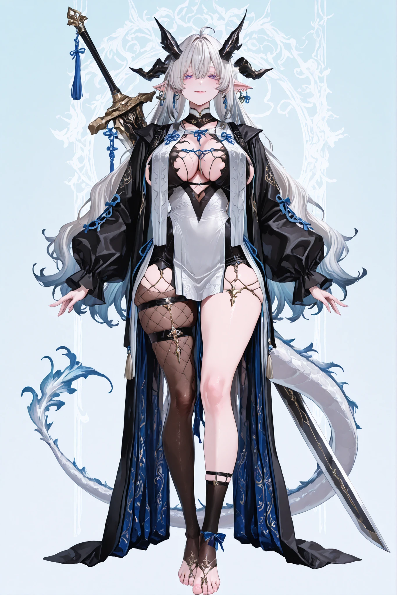   8k wallpaper、    top quality 、masterpiece,   748cm スThailandル   、sexy black bralette dress with fishnet top beneath,   woman 1 person、ribbon、piercings and earrings on her ears,  pointy elf ears, black ripped pelvic curtain dress、 cute black oversized coat with puffy sleaves with open sholders, chains and Accessories on clothes,  dark pantyhose and fishnet、 black knee socks 、rororogi mogera、 style strap 、 Thailand、  pantyhose、、black hair with gray tips and gold  lines、 albino eyelashes   、   long hair falling down her chest、  Underbob  、blue ribbon bow in the head、  Pretty blueish purple Eyes、  wide hips、Protruding thighs   、 pale pinky skin,   very big breasts 、close up,  Light blue background 、open chest area dress,   simple background、lazy smile、 high detail design, standing up、boob window, leaning down towards the camera, making a cute pose with her hands, fullbody, , huge sword on her back, punk style clothes, chest fishnet top, fishnet stocking, big cute , wings behind her ears, demon girl, five big octopus tails behind her, black horns, goat eyes, five octopus tails, big hair. heavenly divine dragon girl, white huge dragon horns with golden ends, big dragon tail, white hair, ver long hair, thick hair, very big breast, green-blue gradient dragon eyes, white dragon sexy revealing outfit with breast curtains, white nylon stockings, white choker, sexy white cheongsam dress with gold details, taliman paper on her , fullbody, head to toe, black dragon scales on her thighs, bare feet, exposed toes