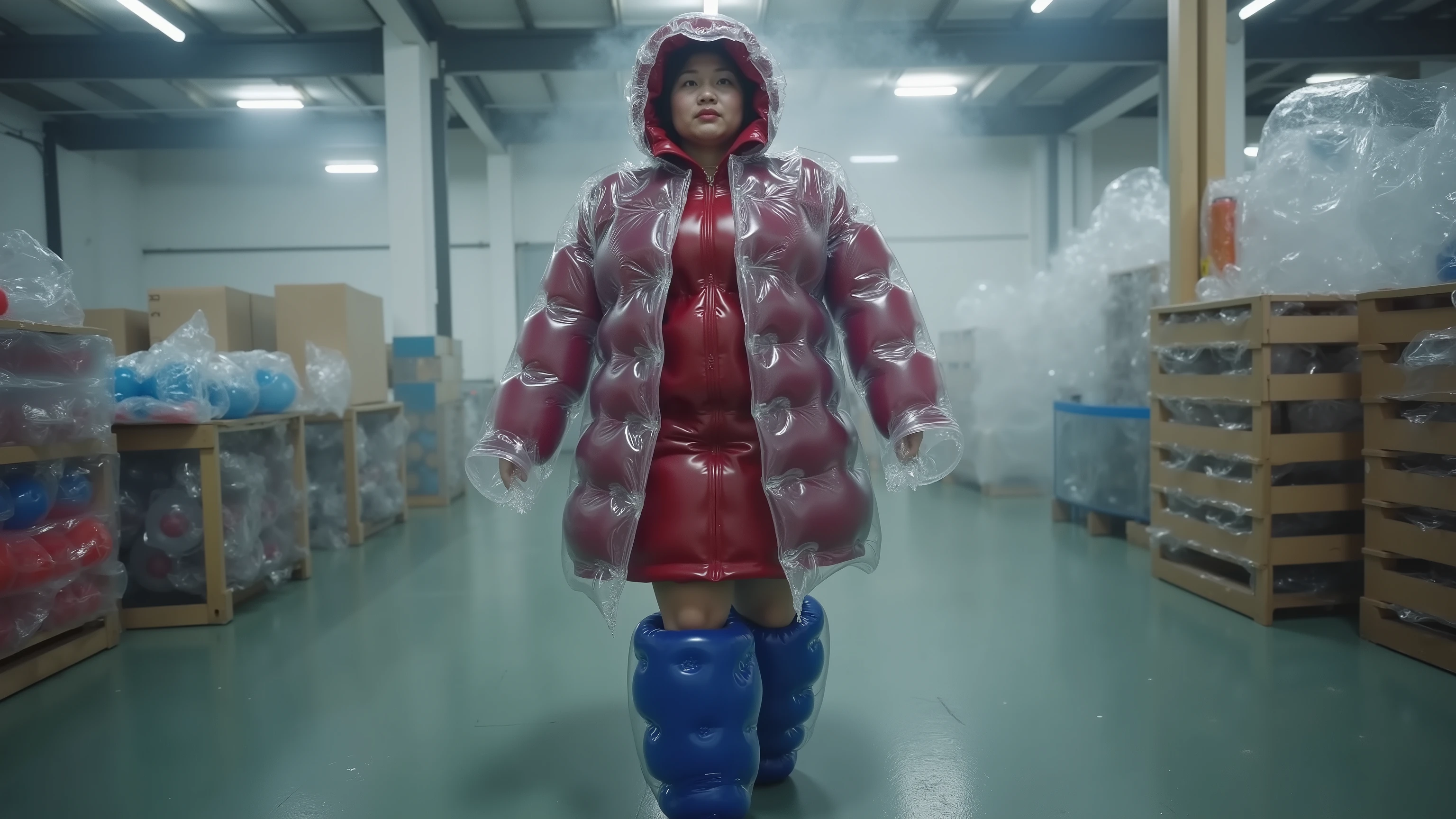 plasticinflcoat, a 41 year old 400 pound fat asian woman wears a plastic inflatable coat with a hood on it made of 50% translucent plastic over a red leather dress, the woman wears blue inflatable plastic boots, the woman is in a steamy factory, the woman is surrounded by inflatable clothing and balls