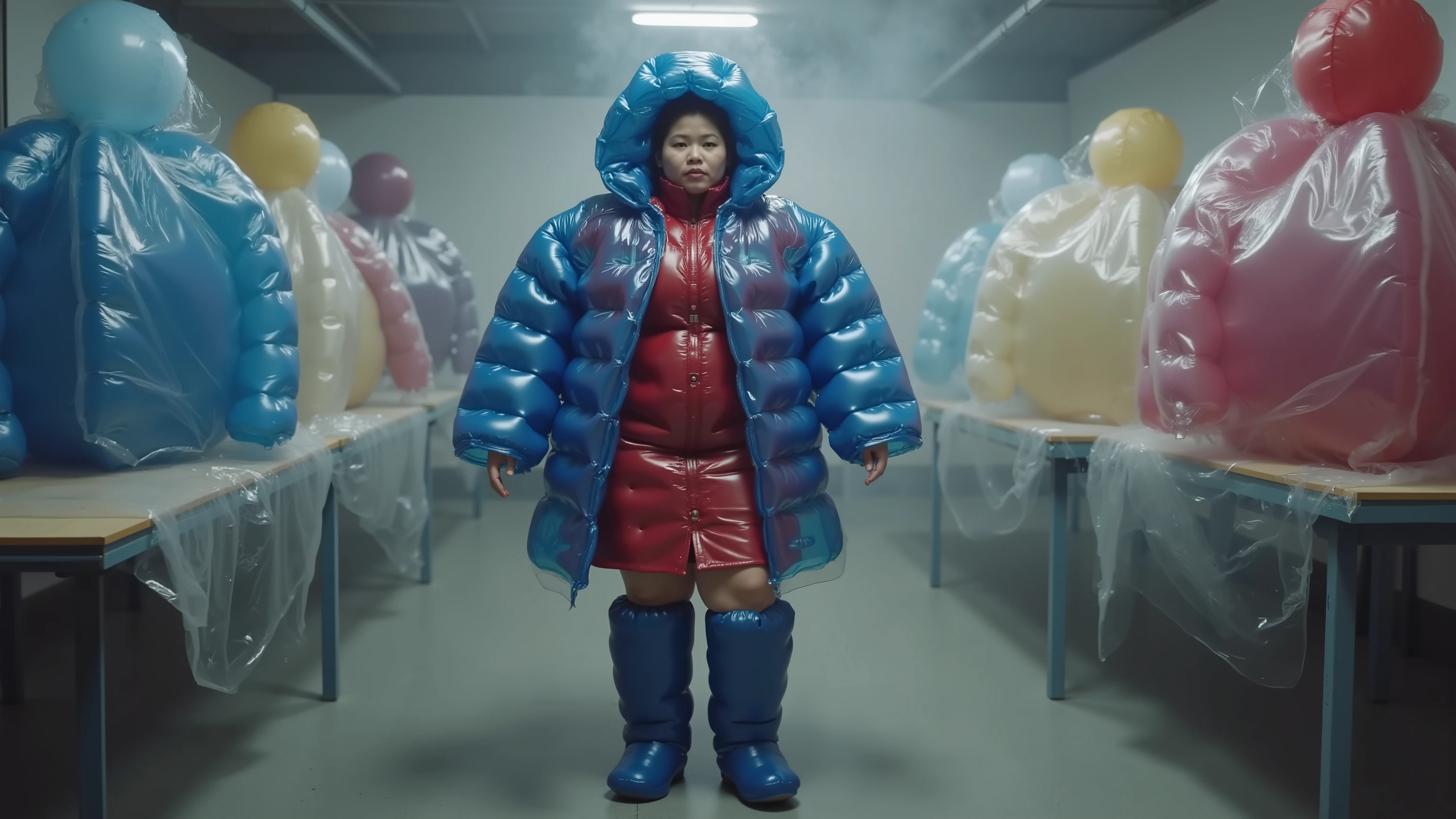 plasticinflcoat, a 41 year old 400 pound fat asian woman wears a plastic inflatable coat with a hood on it made of 50% translucent plastic over a red leather dress, the woman wears blue inflatable plastic boots, the woman is in a steamy factory, the woman is surrounded by inflatable clothing and balls