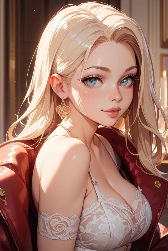 1girl,a beautiful fashion model ,(masterpiece, detailed background, best quality),short and shiny hair, white hair with highlights,smirk,juicy lips,red lips, calmart, , , elegant makeup, blue eyes