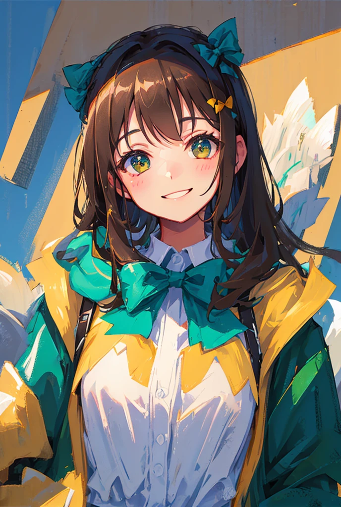 Thick Coating, young, pretty girl, Brown Hair, Short Hair,Pikachu's ears, Yellow clothes, poncho, Black skirt underneath, blue eyes,Facing forward,VTuber,Girl,whole body,upright,Arms at your sides,Looking at the front,Simple Background,1 girl,Open your mouth,blue eyes,smile,Virtual YouTuber