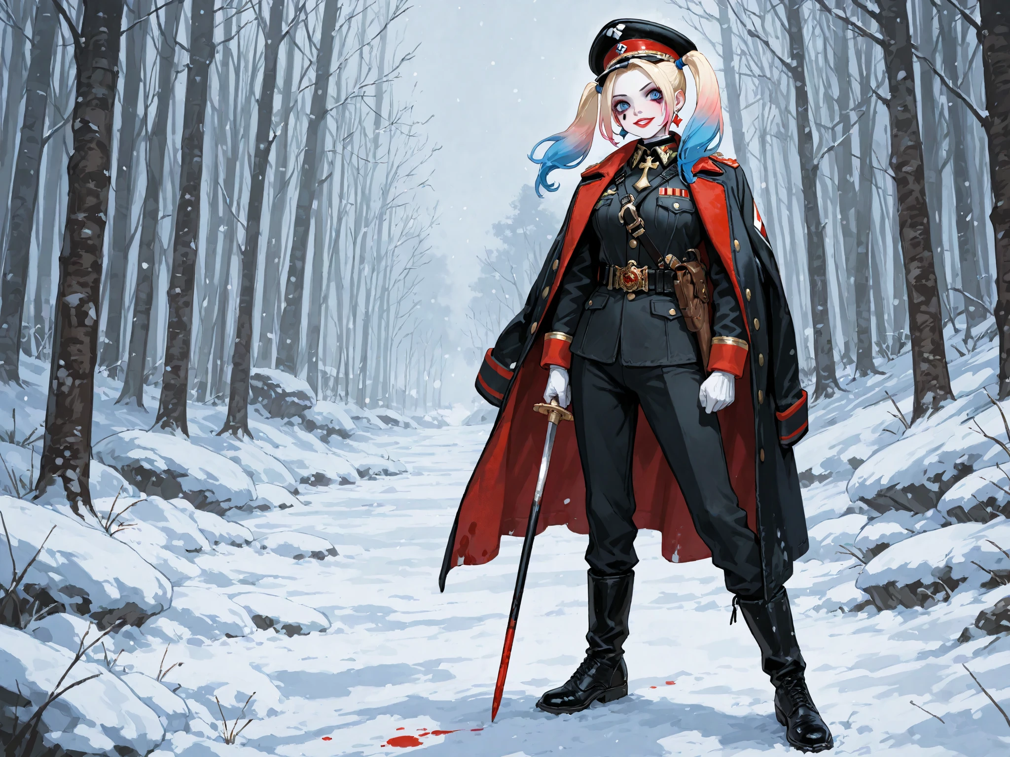 A woman wearing a cold military uniform, black uniform with red details, cold fur cape, long black cape, military boots, , blue eyes, long blonde hair, black military hat, walking at the high point of a traditional German town , winter weather, snow-covered place, full body,.HDR, ultra resolution, well defined, masterpiece, 8K HD. (solo woman)