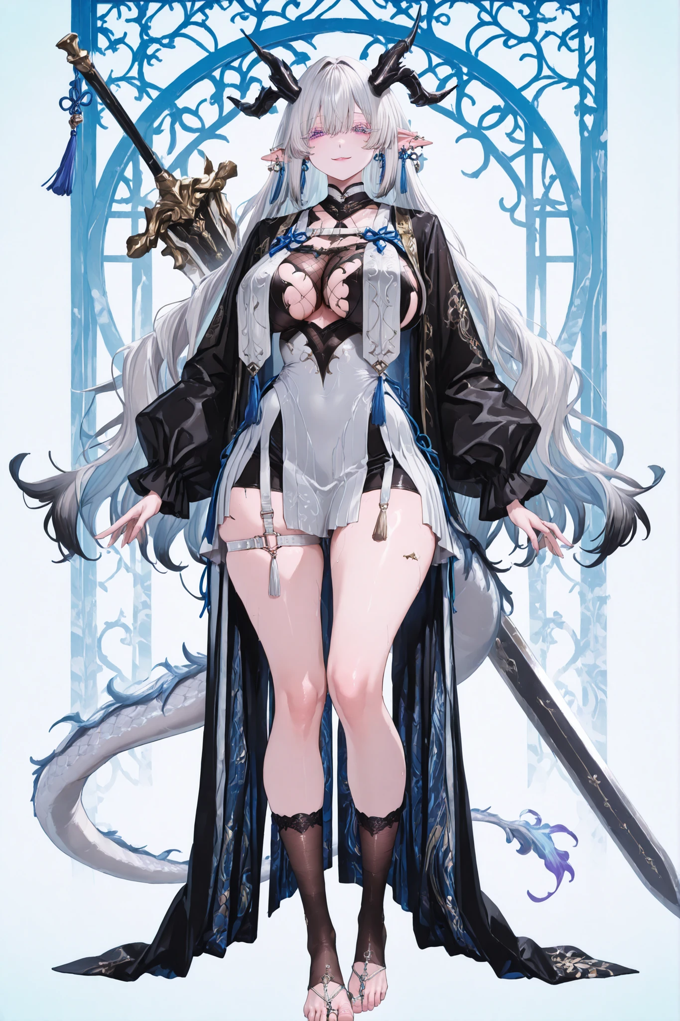   8k wallpaper、    top quality 、masterpiece,   748cm スThailandル   、sexy black bralette dress with fishnet top beneath,   woman 1 person、ribbon、piercings and earrings on her ears,  pointy elf ears, black ripped pelvic curtain dress、 cute black oversized coat with puffy sleaves with open sholders, chains and Accessories on clothes,  dark pantyhose and fishnet、 black knee socks 、rororogi mogera、 style strap 、 Thailand、  pantyhose、、black hair with gray tips and gold  lines、 albino eyelashes   、   long hair falling down her chest、  Underbob  、blue ribbon bow in the head、  Pretty blueish purple Eyes、  wide hips、Protruding thighs   、 pale pinky skin,   very big breasts 、close up,  Light blue background 、open chest area dress,   simple background、lazy smile、 high detail design, standing up、boob window, leaning down towards the camera, making a cute pose with her hands, fullbody, , huge sword on her back, punk style clothes, chest fishnet top, fishnet stocking, big cute , wings behind her ears, demon girl, five big octopus tails behind her, black horns, goat eyes, five octopus tails, big hair. heavenly divine dragon girl, white huge dragon horns with golden ends, big dragon tail, white hair, ver long hair, thick hair, very big breast, green-blue gradient dragon eyes, white dragon sexy revealing outfit with breast curtains, white nylon stockings, white choker, sexy white cheongsam dress with gold details, taliman paper on her , fullbody, head to toe, black dragon scales on her thighs, bare feet, exposed toes